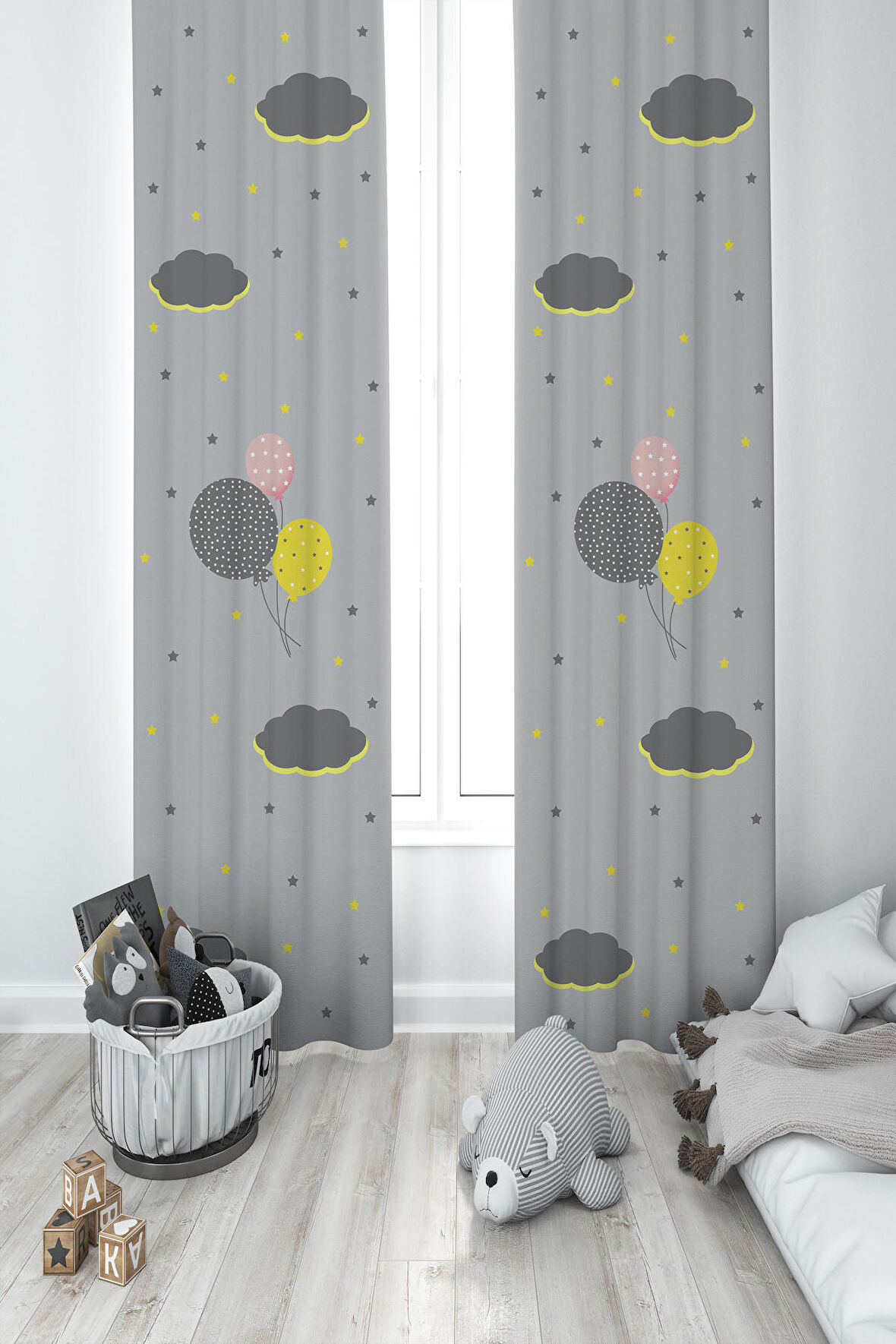 MEKTA HOME BEBEK VE ÇOCUK ODASI Gri Zemin Balonlu Yıldızlı Bulut Desenli 2 Kanat Fon Perde