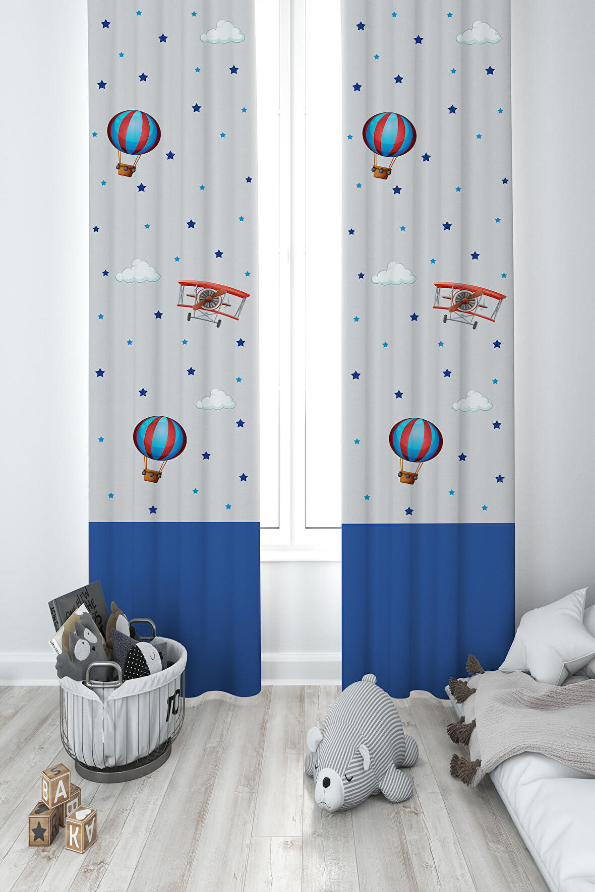 MEKTA HOME BEBEK VE ÇOCUK ODASI Uçak ve Uçan Balon Desenli 2 Kanat Fon Perde