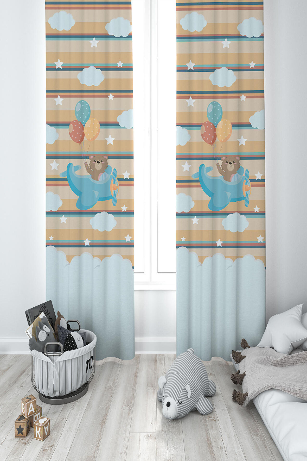 MEKTA HOME BEBEK VE ÇOCUK ODASI Uçak ve Fil Desenli 2 Kanat Fon Perde