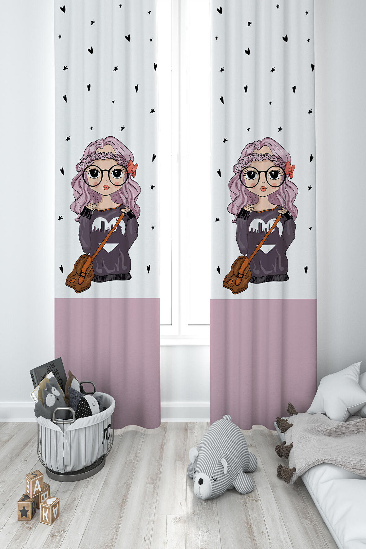 MEKTA HOME BEBEK VE ÇOCUK ODASI Çantalı Kız Desenli 2 Kanat Fon Perde