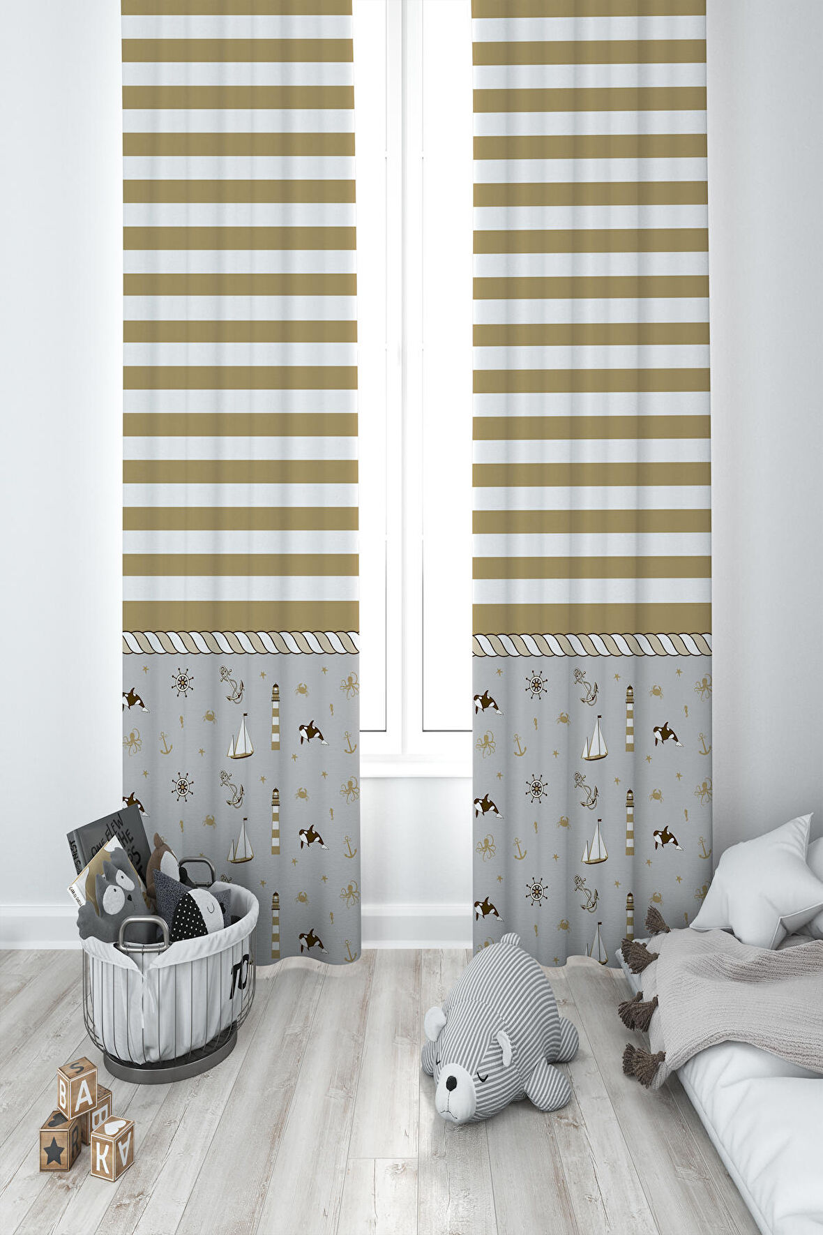 MEKTA HOME BEBEK VE ÇOCUK ODASI Kahverengi Denizci Desenli 2 Kanat Fon Perde