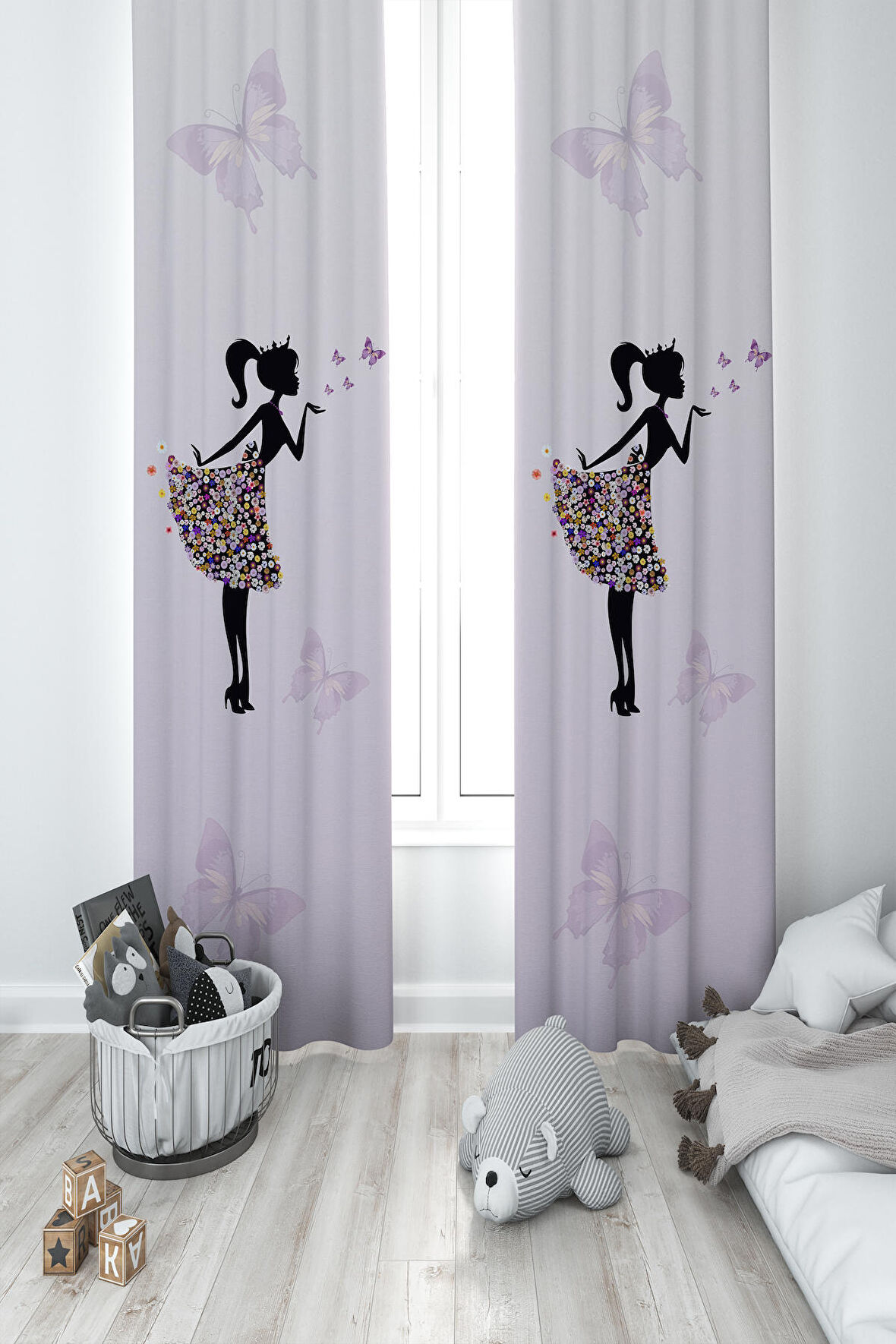 MEKTA HOME BEBEK VE ÇOCUK ODASI Kelebekli Prenses Desenli 2 Kanat Fon Perde