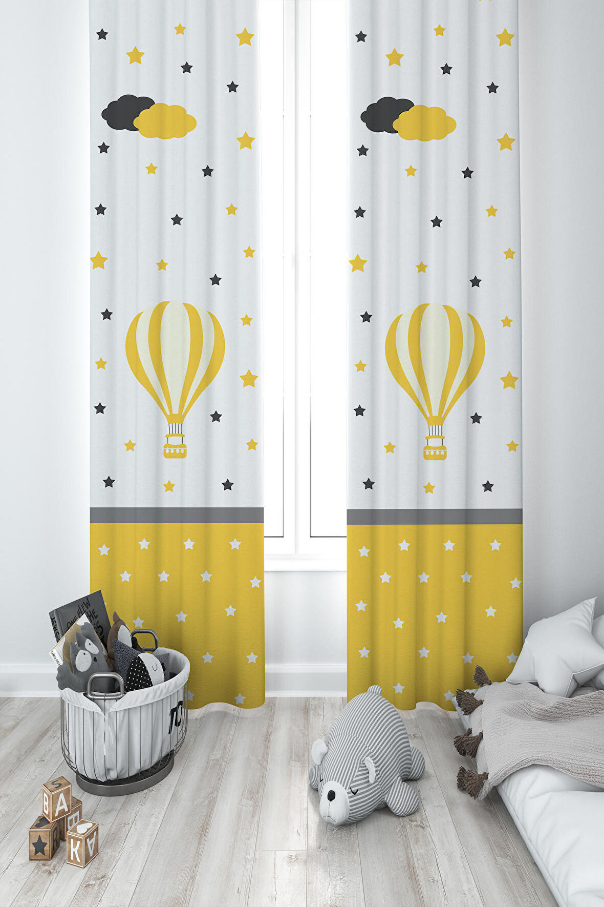 MEKTA HOME BEBEK VE ÇOCUK ODASI Uçan Balon Desenli 2 Kanat Fon Perde