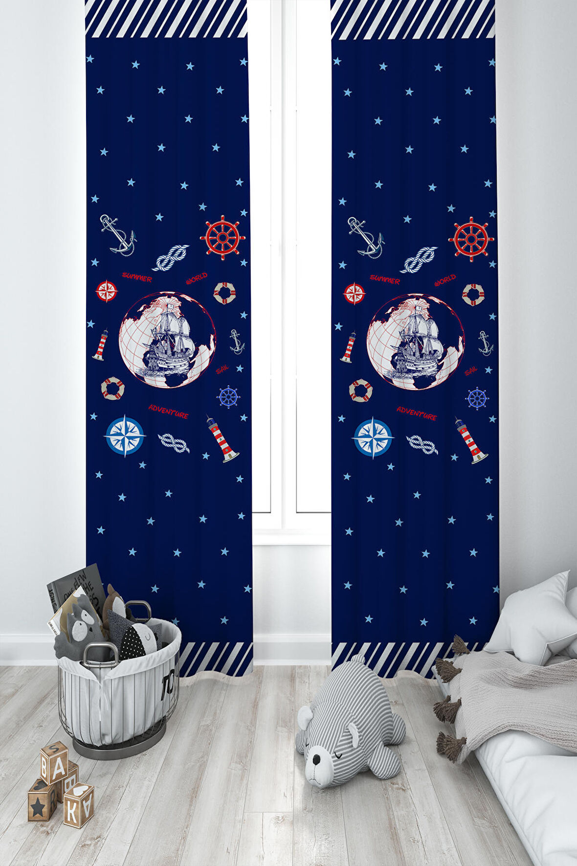 MEKTA HOME BEBEK VE ÇOCUK ODASI Denizci Gemi Desenli 2 Kanat Fon Perde
