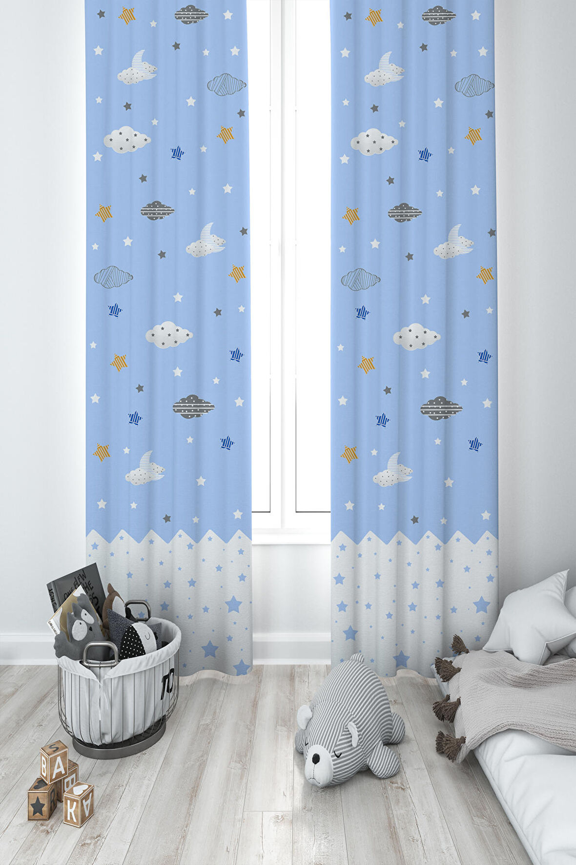 MEKTA HOME BEBEK VE ÇOCUK ODASI Bulut ve Yıldız Desenli 2 Kanat Fon Perde