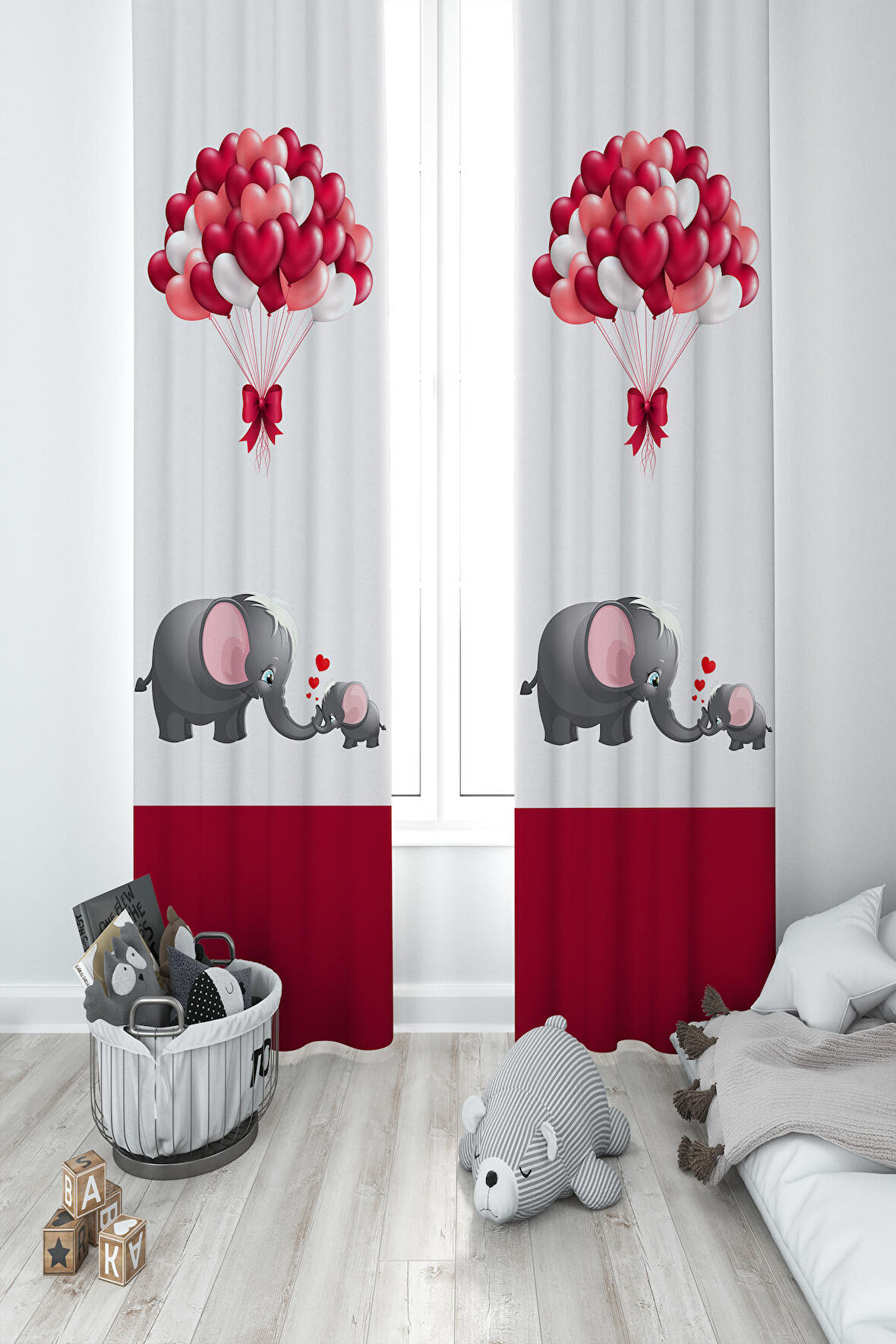 MEKTA HOME BEBEK VE ÇOCUK ODASI Fil ve Kalp Desenli 2 Kanat Fon Perde