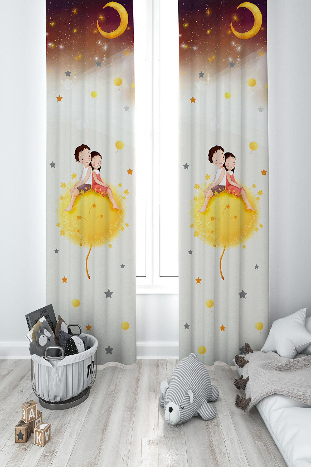 MEKTA HOME BEBEK VE ÇOCUK ODASI Sevimli Çocuklar Yıldız Desenli 2 Kanat Fon Perde