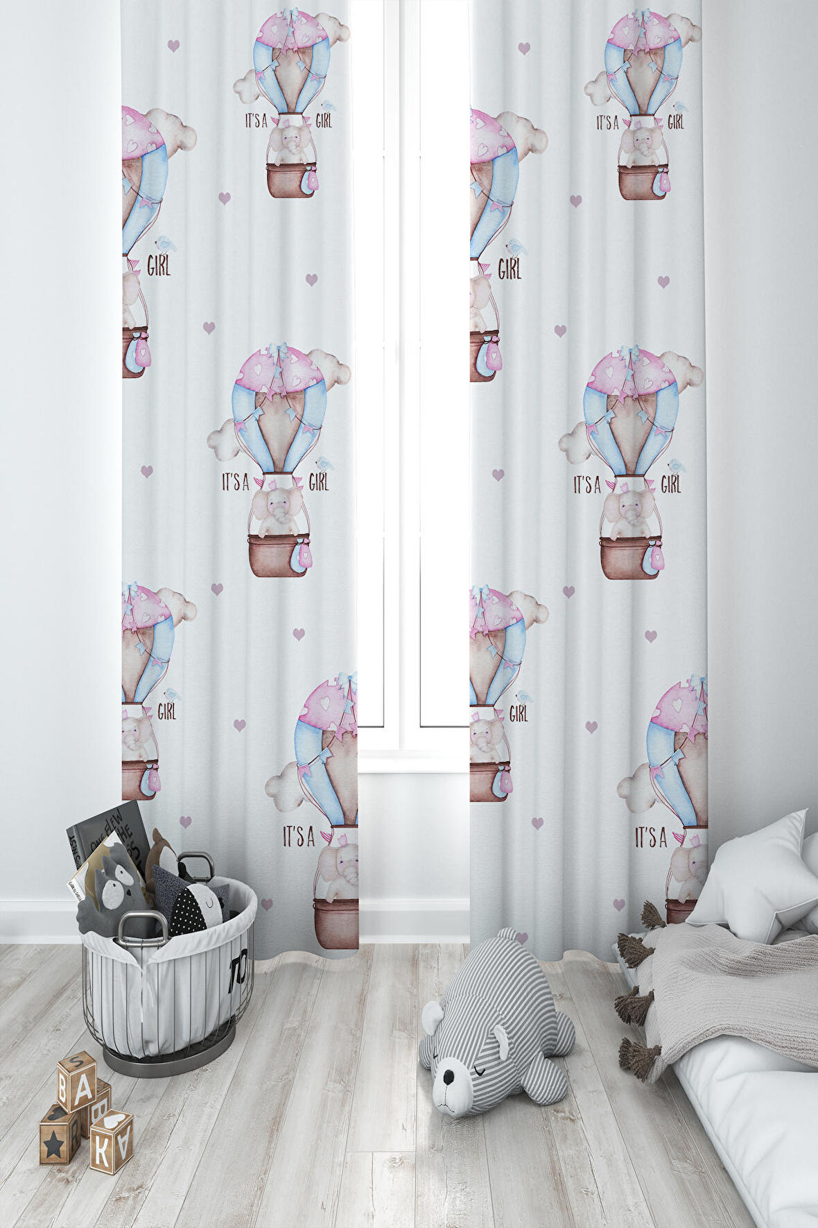 MEKTA HOME BEBEK VE ÇOCUK ODASI Pembe Uçan Balon Desenli 2 Kanat Fon Perde