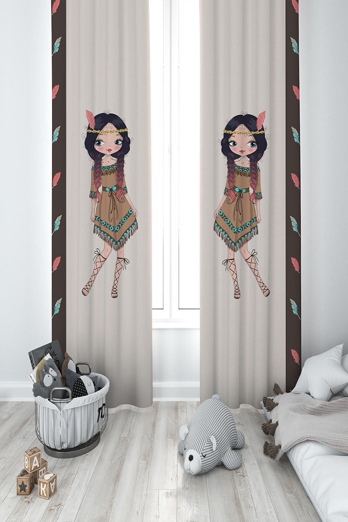 MEKTA HOME BEBEK VE ÇOCUK ODASI Kızılderili Desenli 2 Kanat Fon Perde