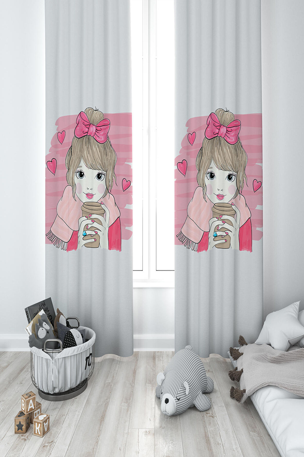 MEKTA HOME BEBEK VE ÇOCUK ODASI Kurdeleli Kız Desenli 2 Kanat Fon Perde