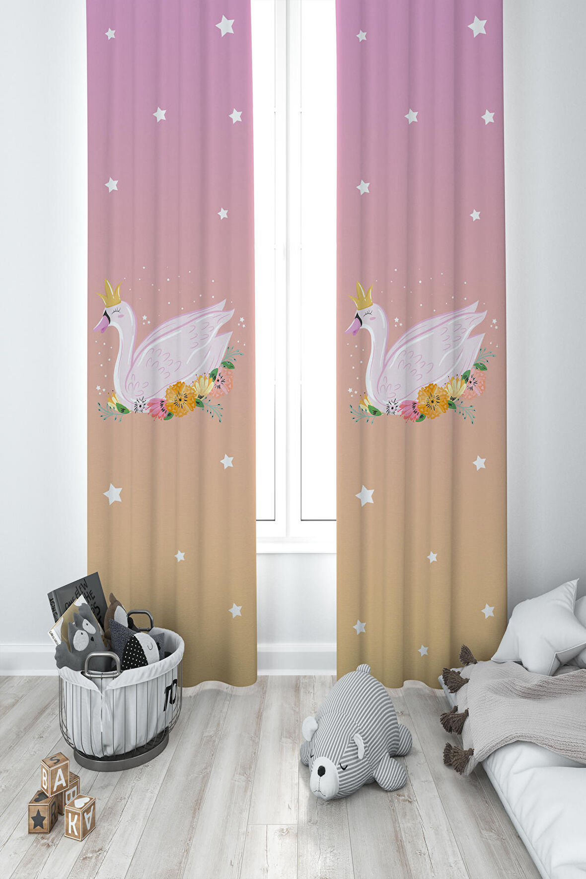MEKTA HOME BEBEK VE ÇOCUK ODASI Çiçekli Kuğu Desenli 2 Kanat Fon Perde