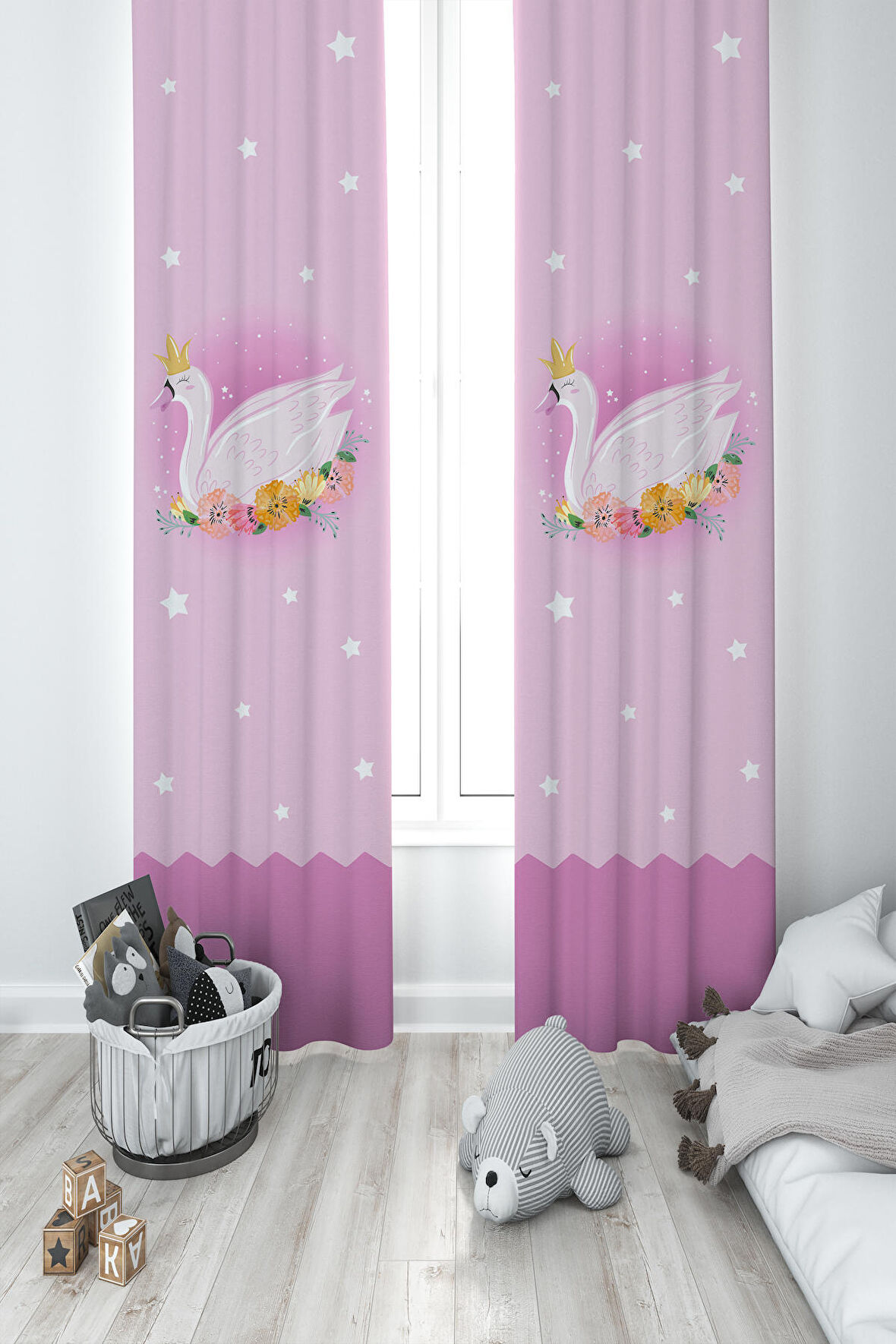MEKTA HOME BEBEK VE ÇOCUK ODASI Pembe Kuğu Desenli 2 Kanat Fon Perde