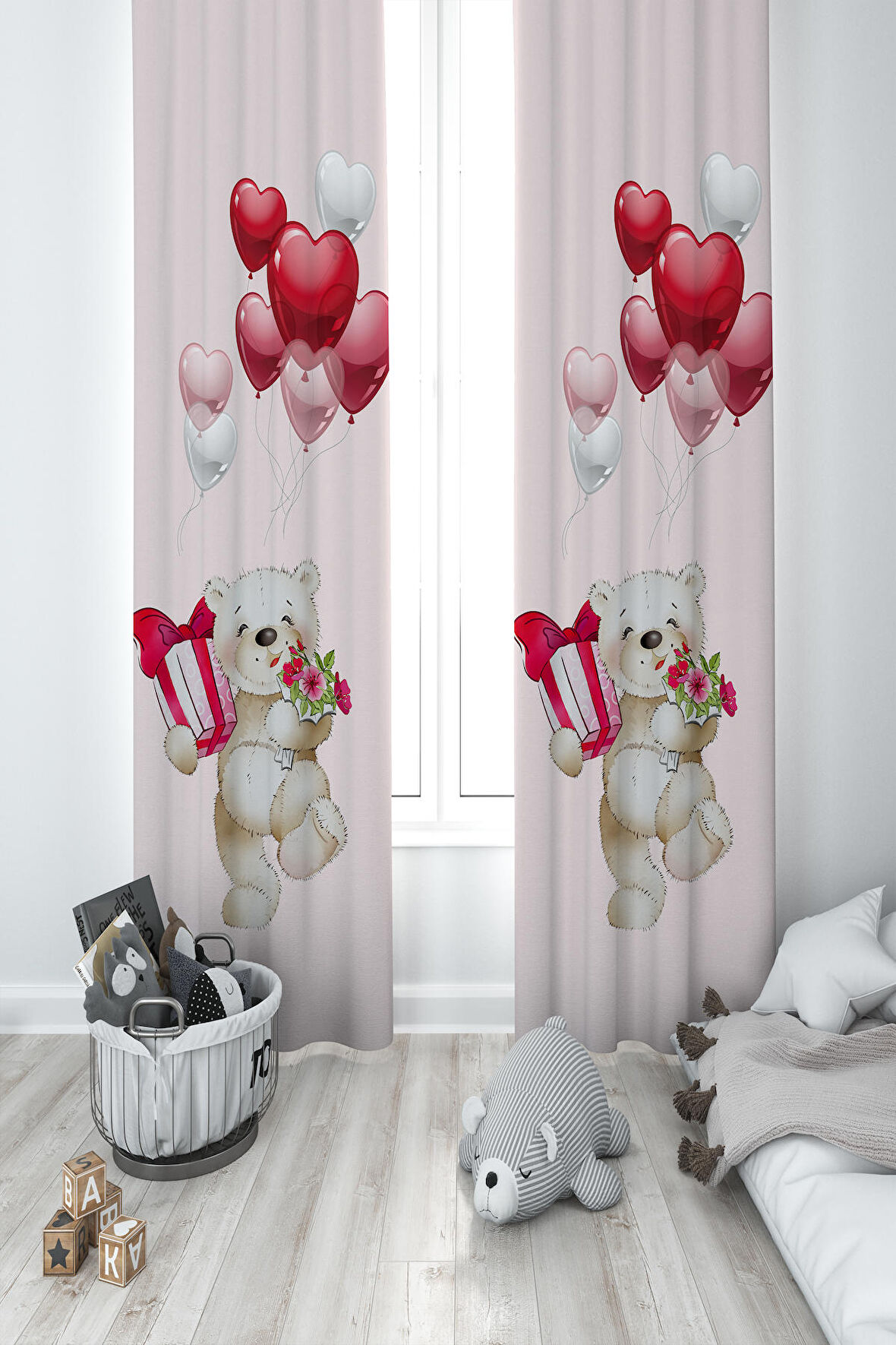 MEKTA HOME BEBEK VE ÇOCUK ODASI Sevimli Kalp Desenli 2 Kanat Fon Perde