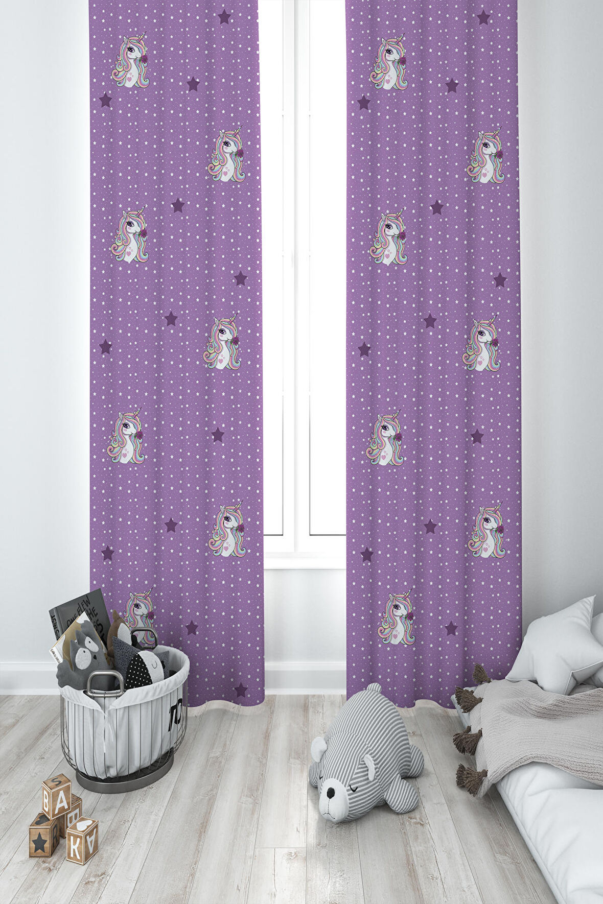 MEKTA HOME BEBEK VE ÇOCUK ODASI Mor Unicorn Desenli 2 Kanat Fon Perde