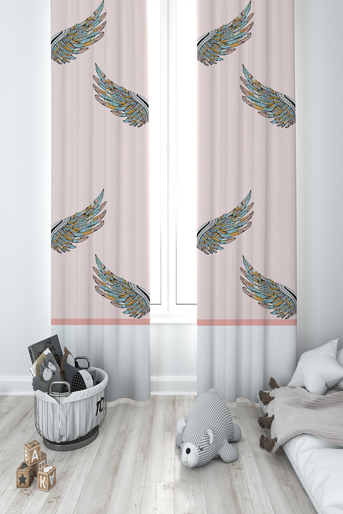 MEKTA HOME BEBEK VE ÇOCUK ODASI Büyük Renkli Kanat Desenli 2 Kanat Fon Perde
