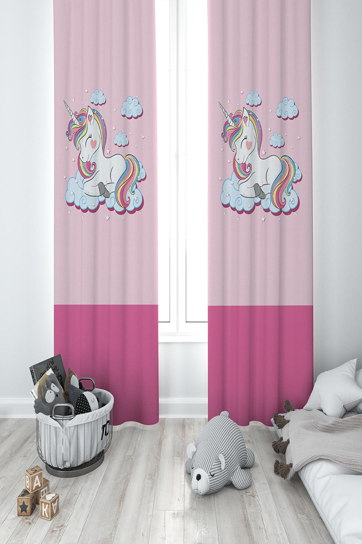 MEKTA HOME BEBEK VE ÇOCUK ODASI Bulutlu Unicorn Desenli 2 Kanat Fon Perde