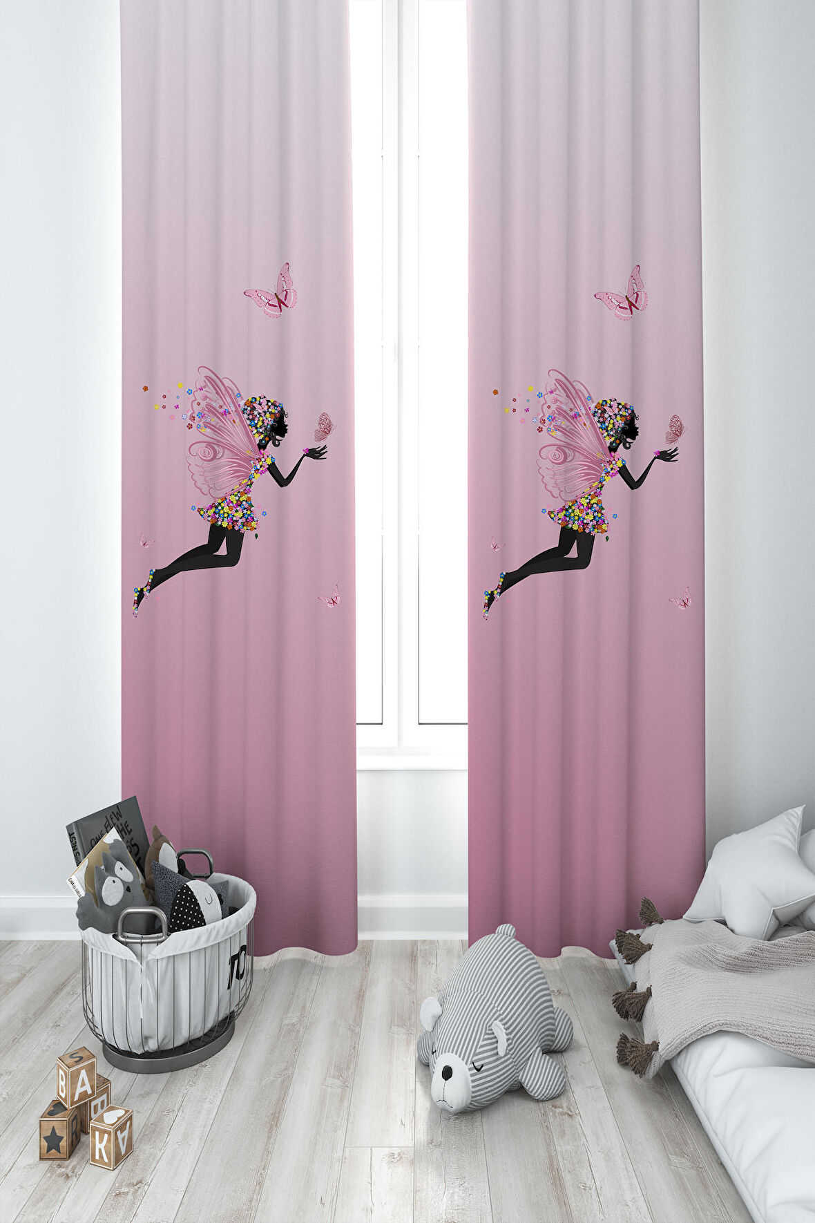 MEKTA HOME BEBEK VE ÇOCUK ODASI Pembe Uçan Kelebekli Prenses Kız Desenli 2 Kanat Fon Perde