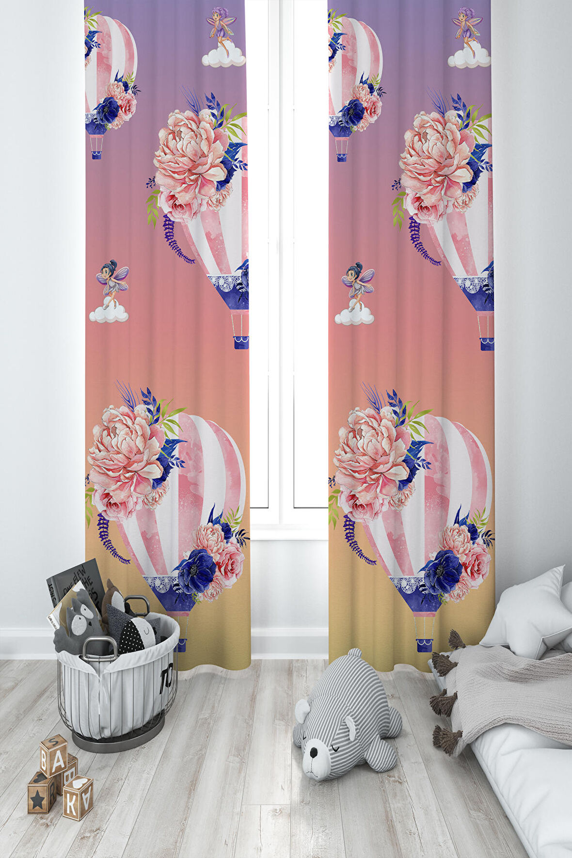 MEKTA HOME BEBEK VE ÇOCUK ODASI Uçan Balon ve Çiçek Desenli 2 Kanat Fon Perde