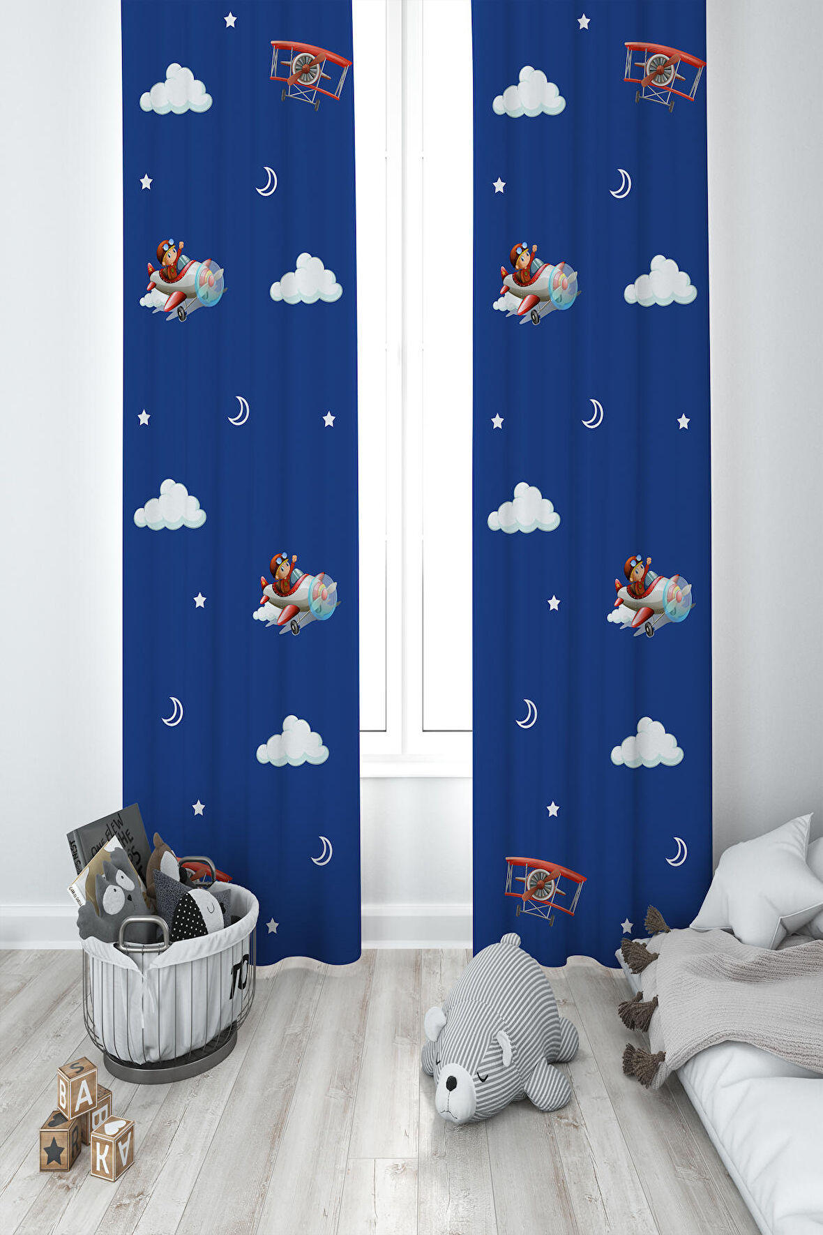MEKTA HOME BEBEK VE ÇOCUK ODASI Uçak ve Bulut Desenli 2 Kanat Fon Perde
