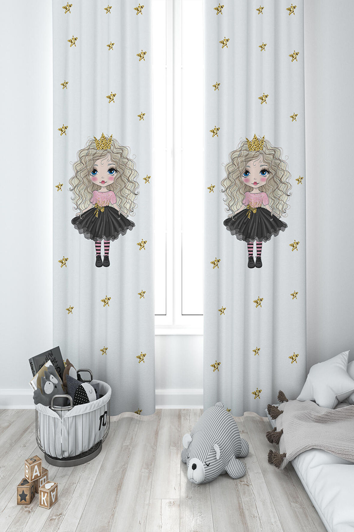MEKTA HOME BEBEK VE ÇOCUK ODASI Yıldızlı ve Kıvırcık Saçlı Prenses Desenli 2 Kanat Fon Perde
