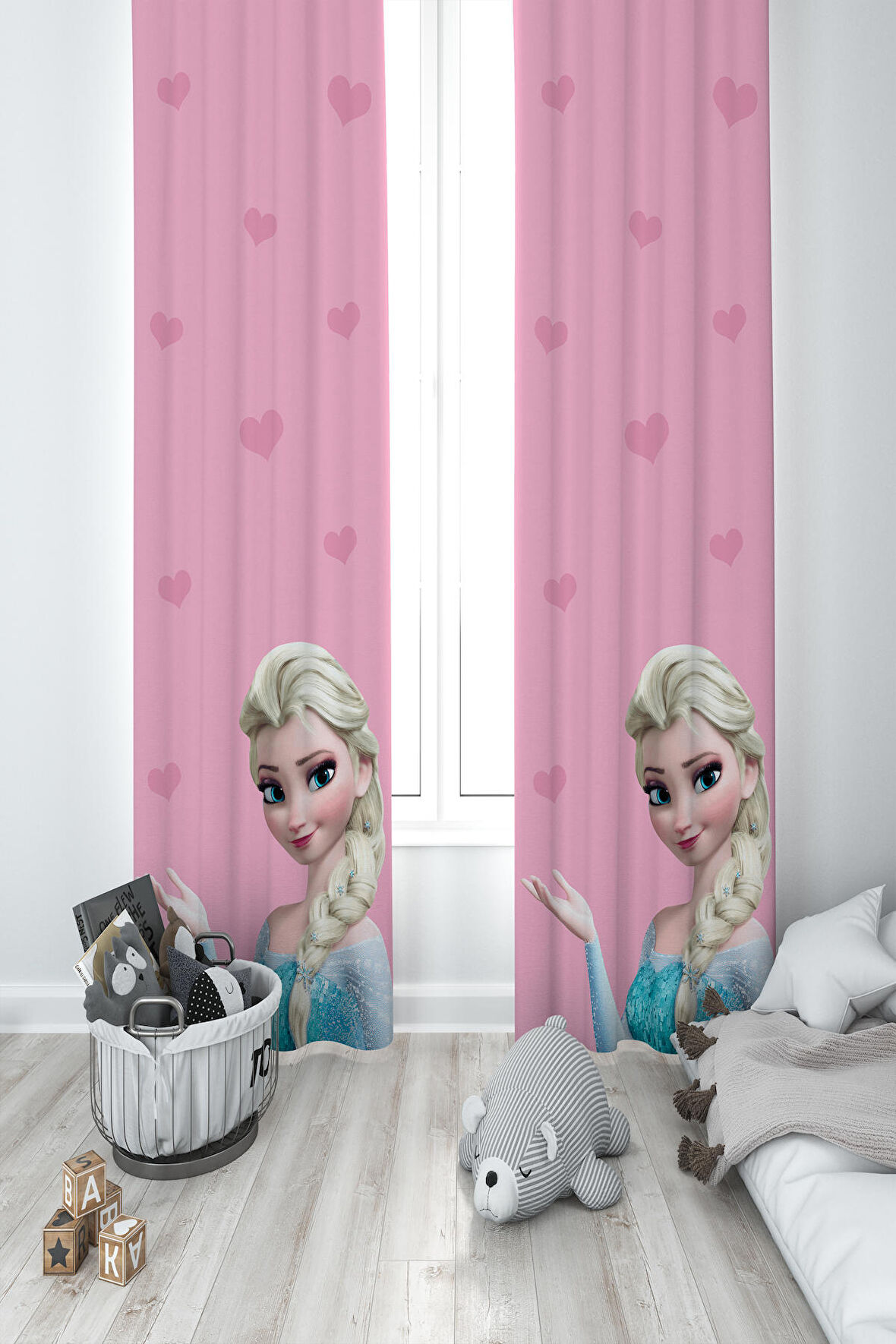 MEKTA HOME BEBEK VE ÇOCUK ODASI Pembe Elsa Desenli 2 Kanat Fon Perde