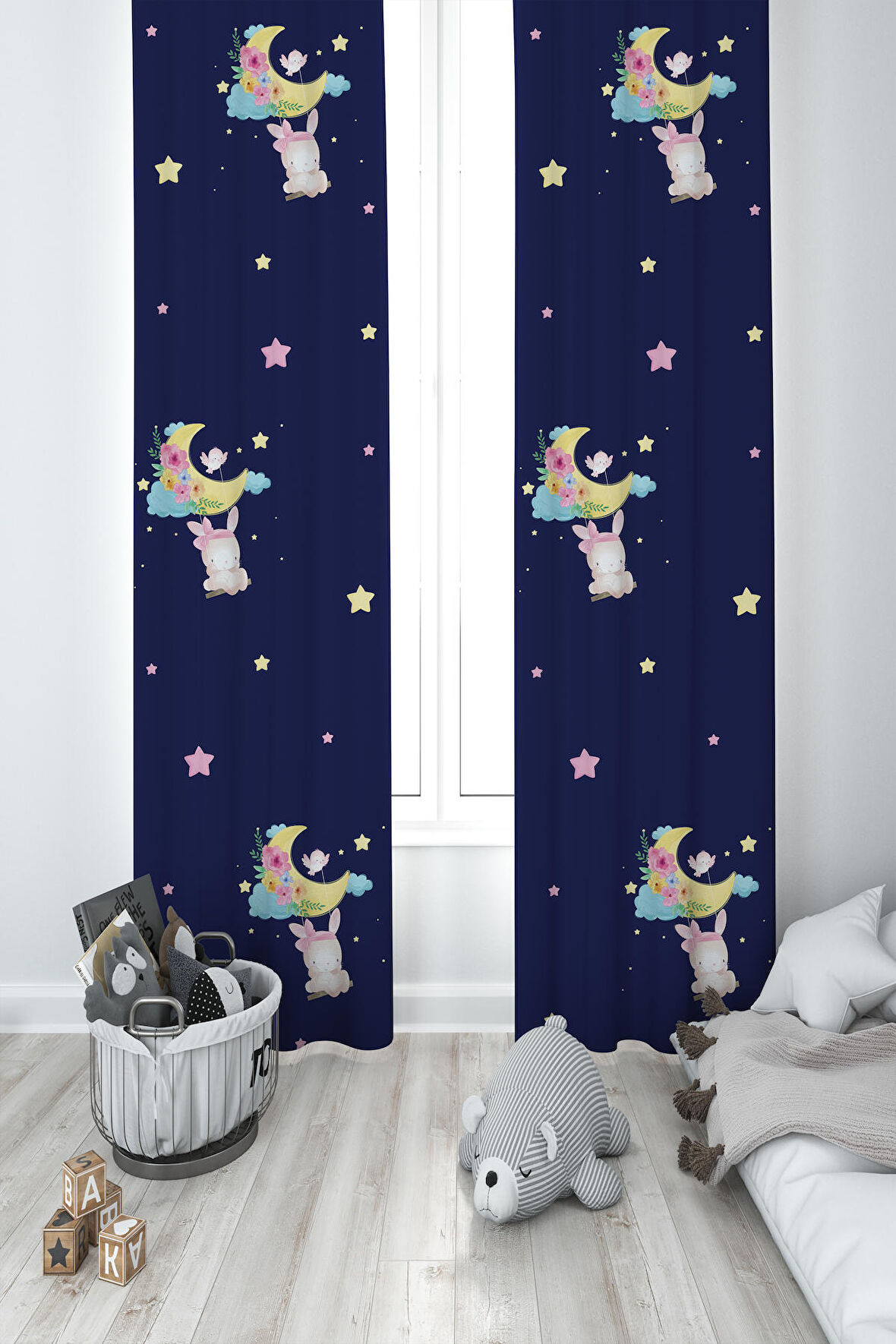 MEKTA HOME BEBEK VE ÇOCUK ODASI Ayda Sallanan Sevimli Hayvan Desenli 2 Kanat Fon Perde