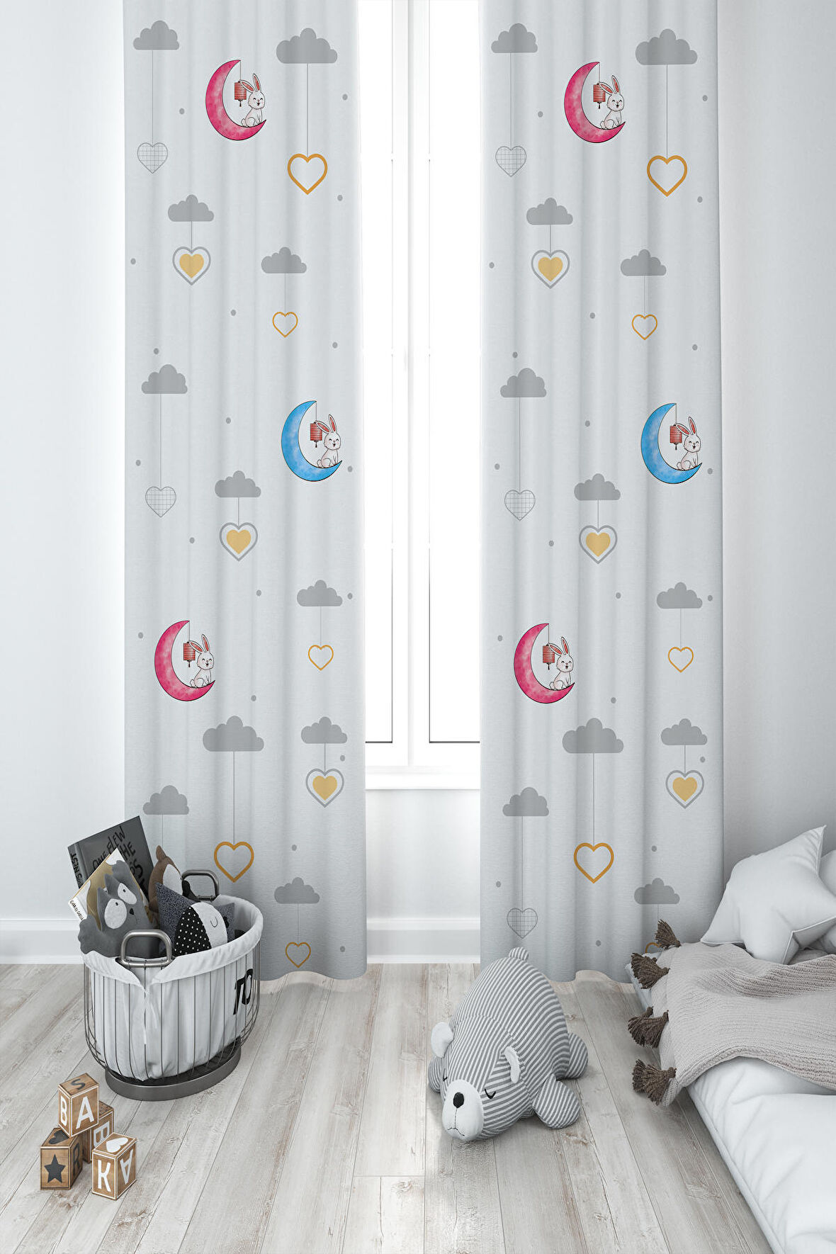 MEKTA HOME BEBEK VE ÇOCUK ODASI Renkli Ay ve Tavşan Desenli 2 Kanat Fon Perde