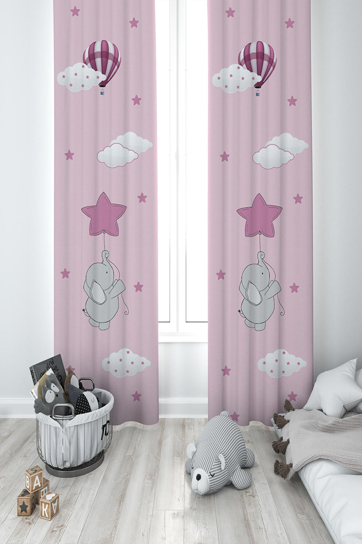 MEKTA HOME BEBEK VE ÇOCUK ODASI Pembe Yıldızlı Fil Desenli 2 Kanat Fon Perde