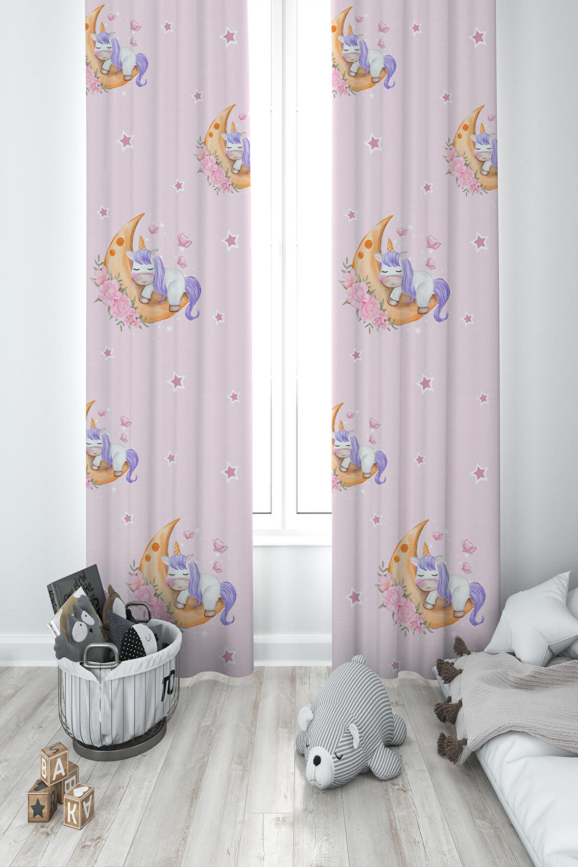 MEKTA HOME BEBEK VE ÇOCUK ODASI Aya Sarılan Unicorn Desenli Pembe 2 Kanat Fon Perde