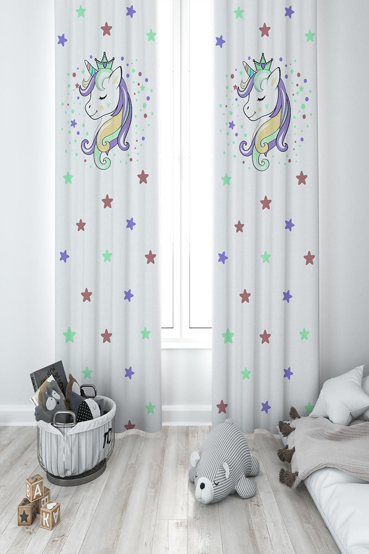 MEKTA HOME BEBEK VE ÇOCUK ODASI Renkli Unicorn Desenli Beyaz 2 Kanat Fon Perde