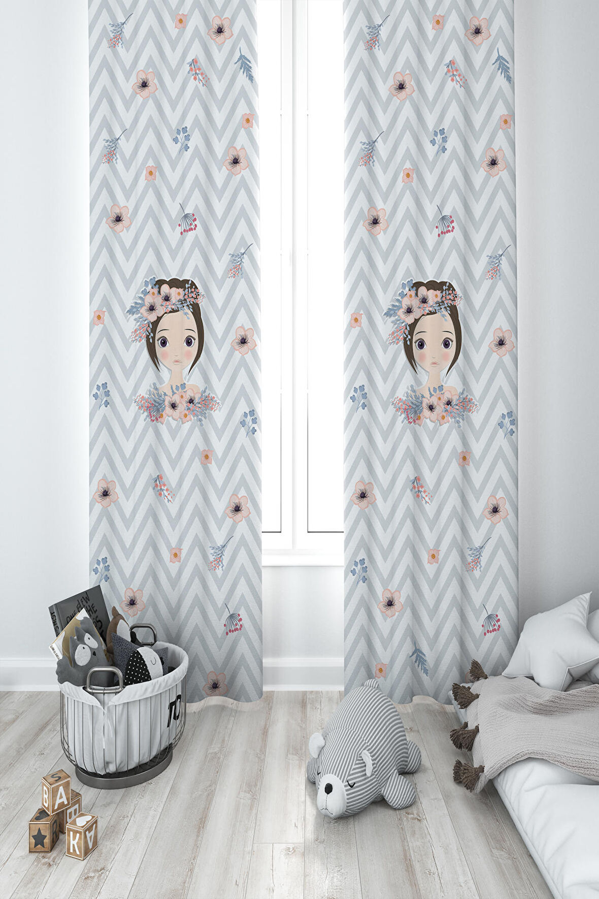 MEKTA HOME BEBEK VE ÇOCUK ODASI Çiçekli Prenses Kız Desenli Zikzaklı 2 Kanat Fon Perde
