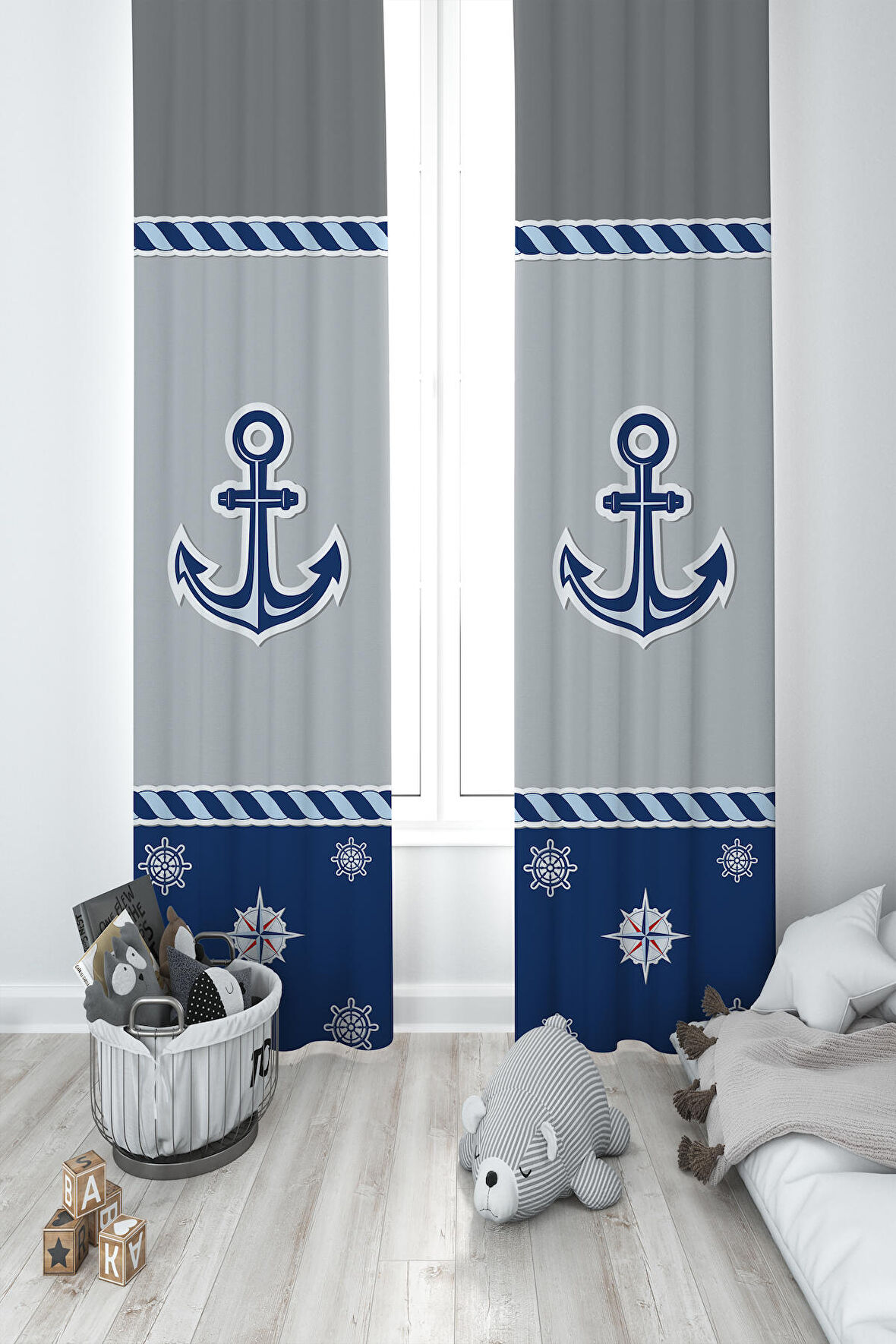 MEKTA HOME BEBEK VE ÇOCUK ODASI Mavi Çapa Desenli 2 Kanat Fon Perde