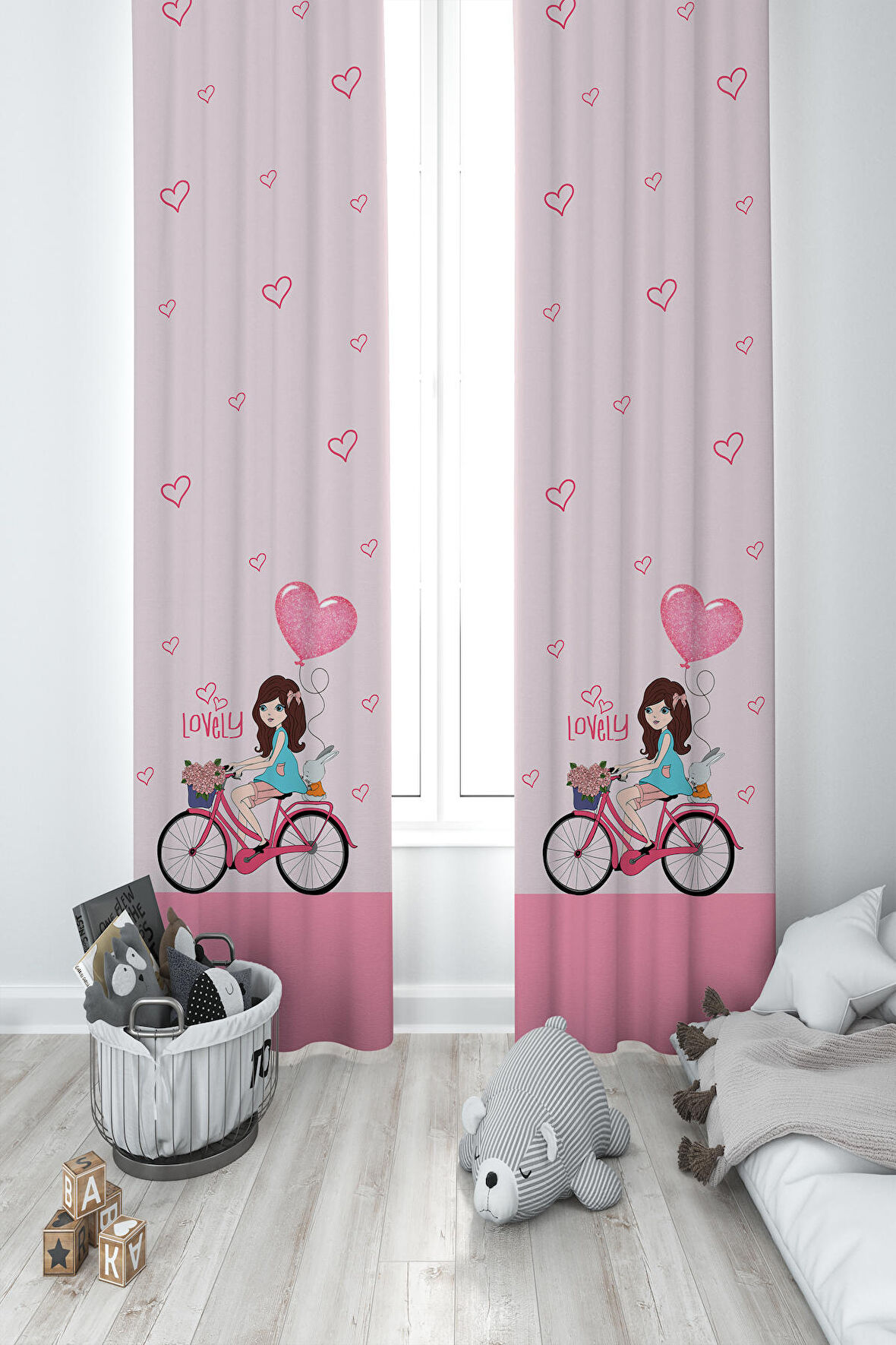 MEKTA HOME BEBEK VE ÇOCUK ODASI Bisikletli Kız ve Kalpli Balon Desenli Pembe 2 Kanat Fon Perde