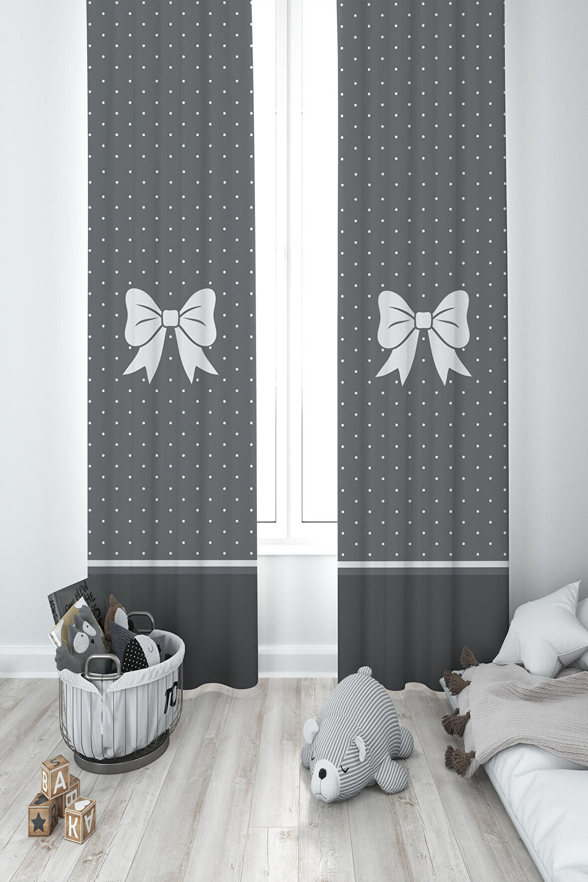 MEKTA HOME BEBEK VE ÇOCUK ODASI  Kurdele Desenli Gri 2 Kanat Fon Perde