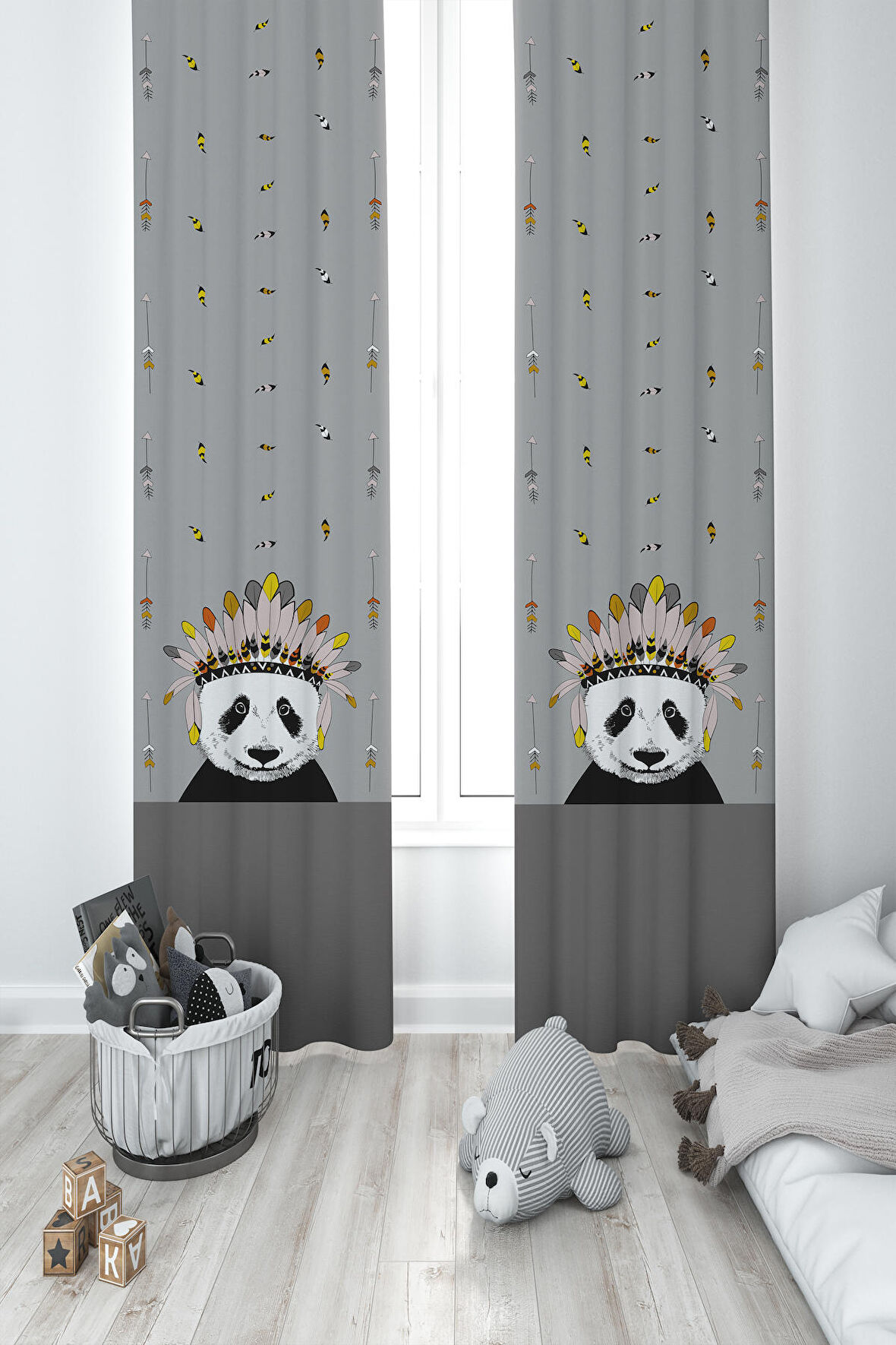 MEKTA HOME BEBEK VE ÇOCUK ODASI Kızılderili Panda Desenli 2 Kanat Fon Perde