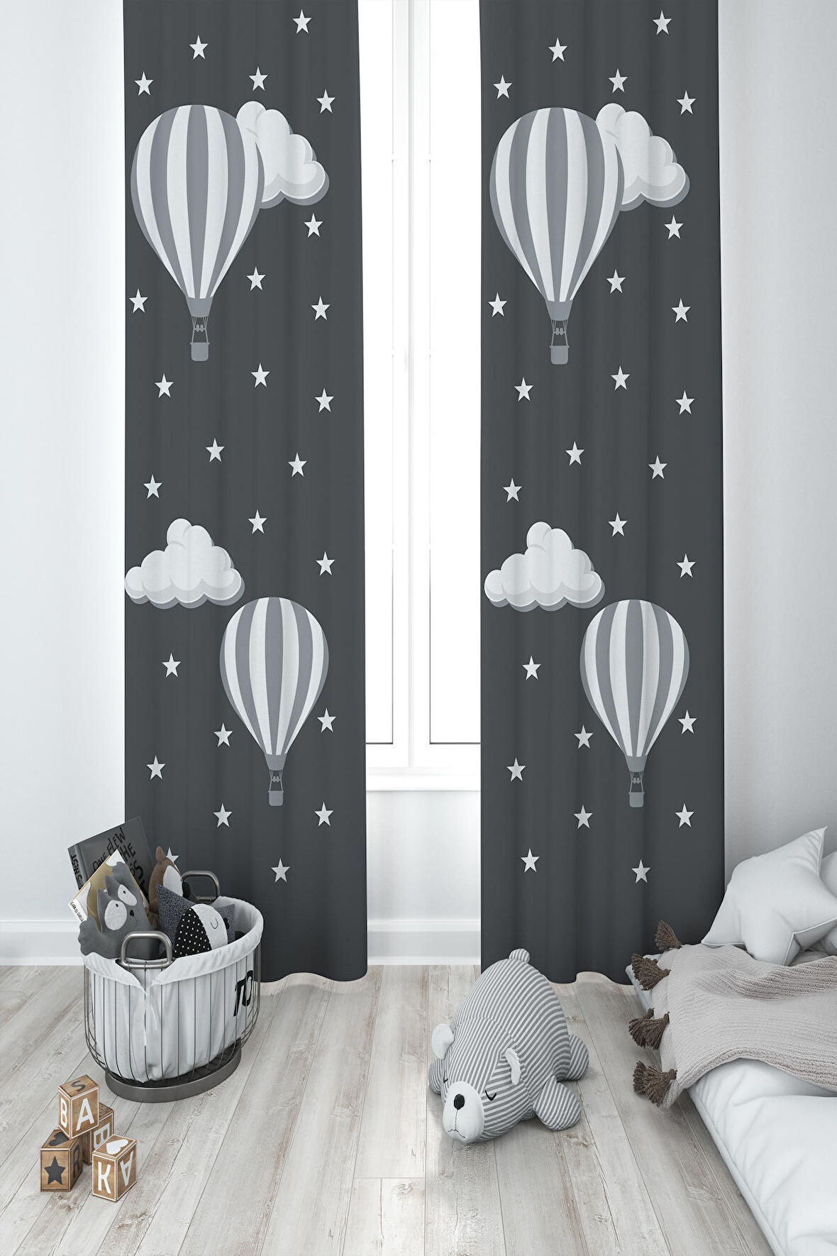 MEKTA HOME BEBEK VE ÇOCUK ODASI Bulutlu Yıldız ve Uçan Balon Desenli 2 Kanat Fon Perde