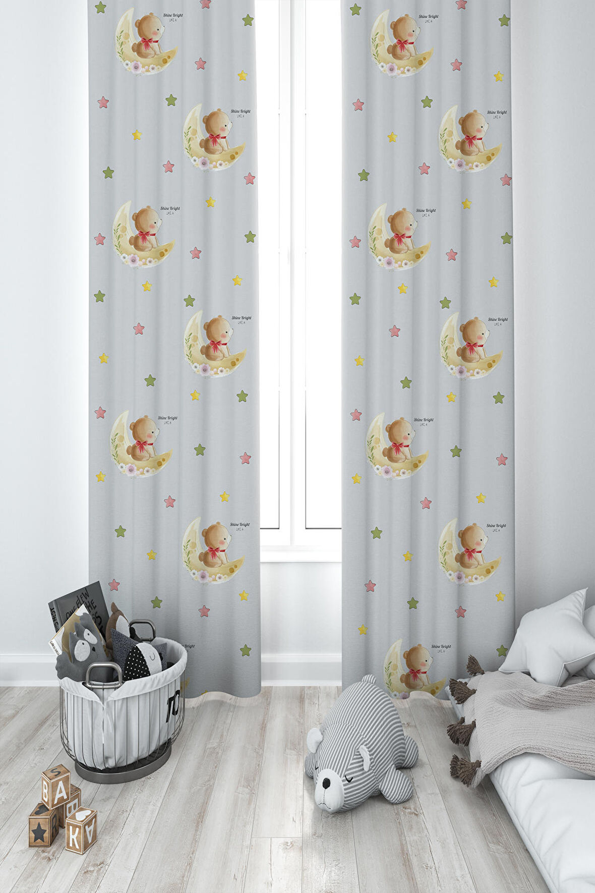 MEKTA HOME BEBEK VE ÇOCUK ODASI Ay ve Ayı Desenli 2 Kanat Fon Perde