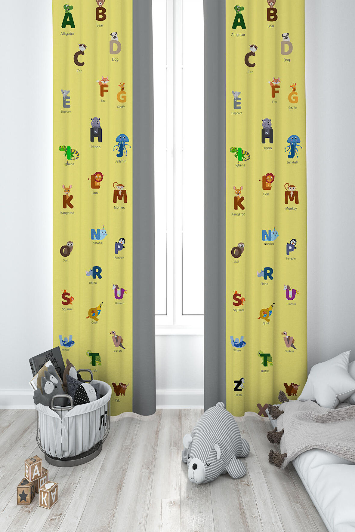 MEKTA HOME BEBEK VE ÇOCUK ODASI Sayılar ve Harfler Seksek Desenli Eğitici 2 Kanat Fon Perde