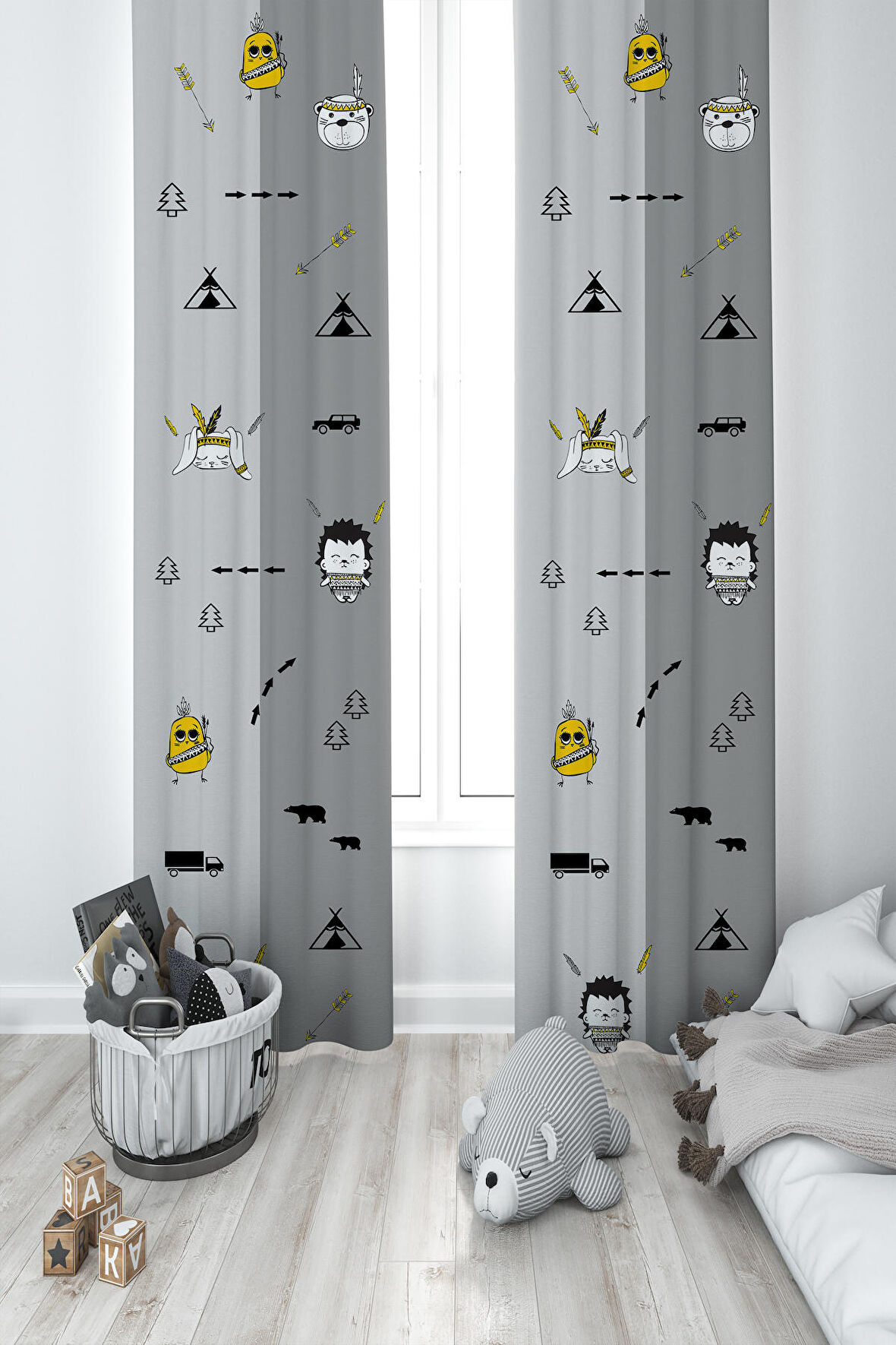 MEKTA HOME BEBEK VE ÇOCUK ODASI Yol ve Küçük Figür Desenli 2 Kanat Fon Perde