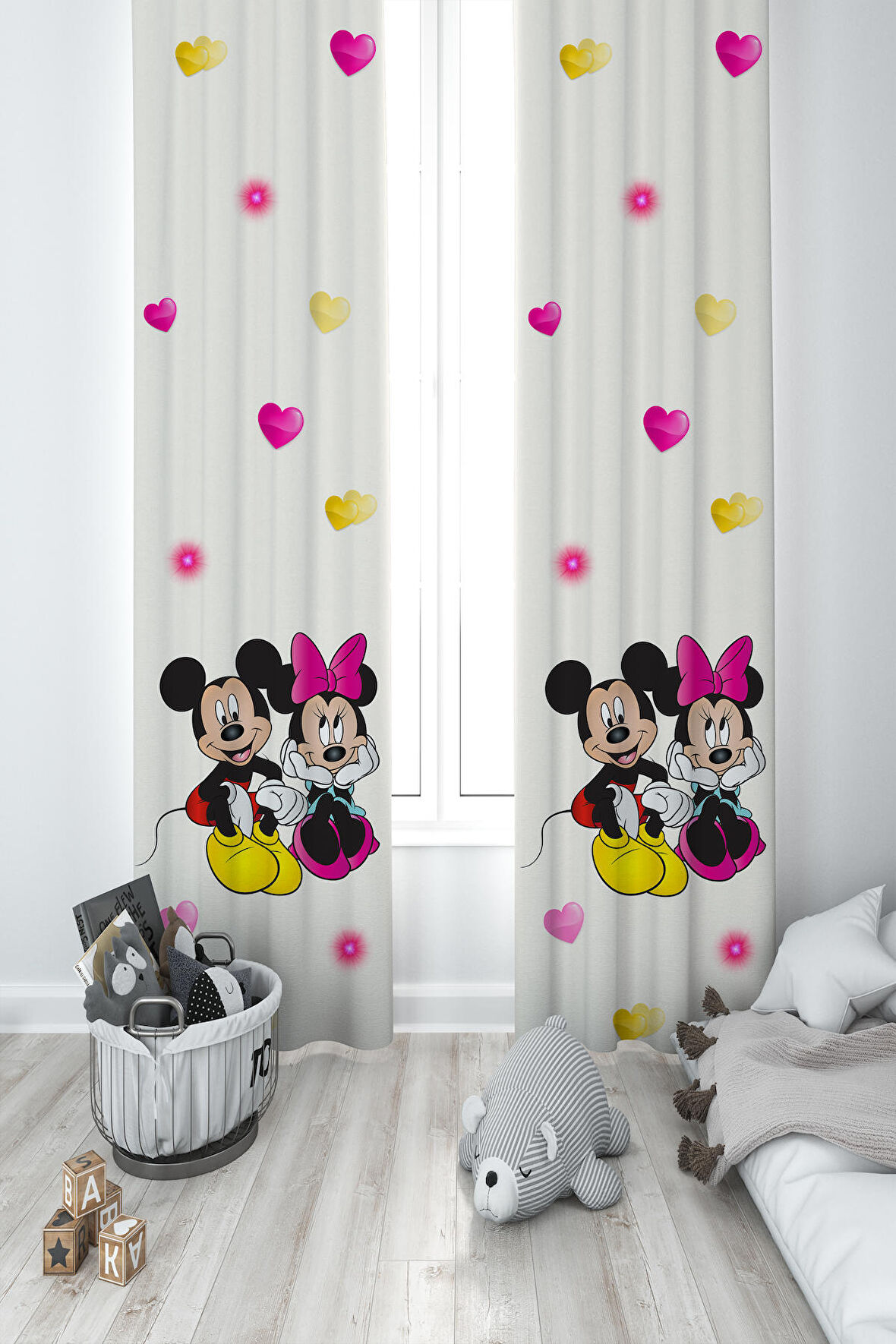 MEKTA HOME BEBEK VE ÇOCUK ODASI Mickey ve Minnie Mause Desenli 2 Kanat Fon Perde