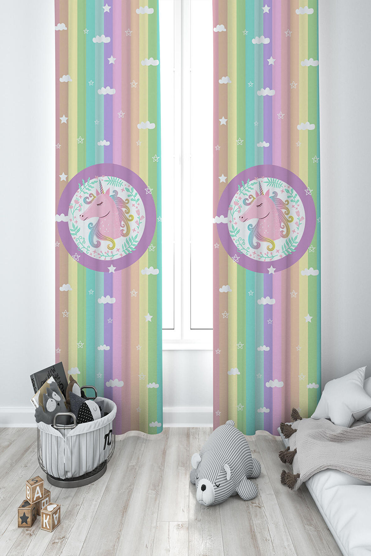 MEKTA HOME BEBEK VE ÇOCUK ODASI Renkli Unicorn Desenli 2 Kanat Fon Perde