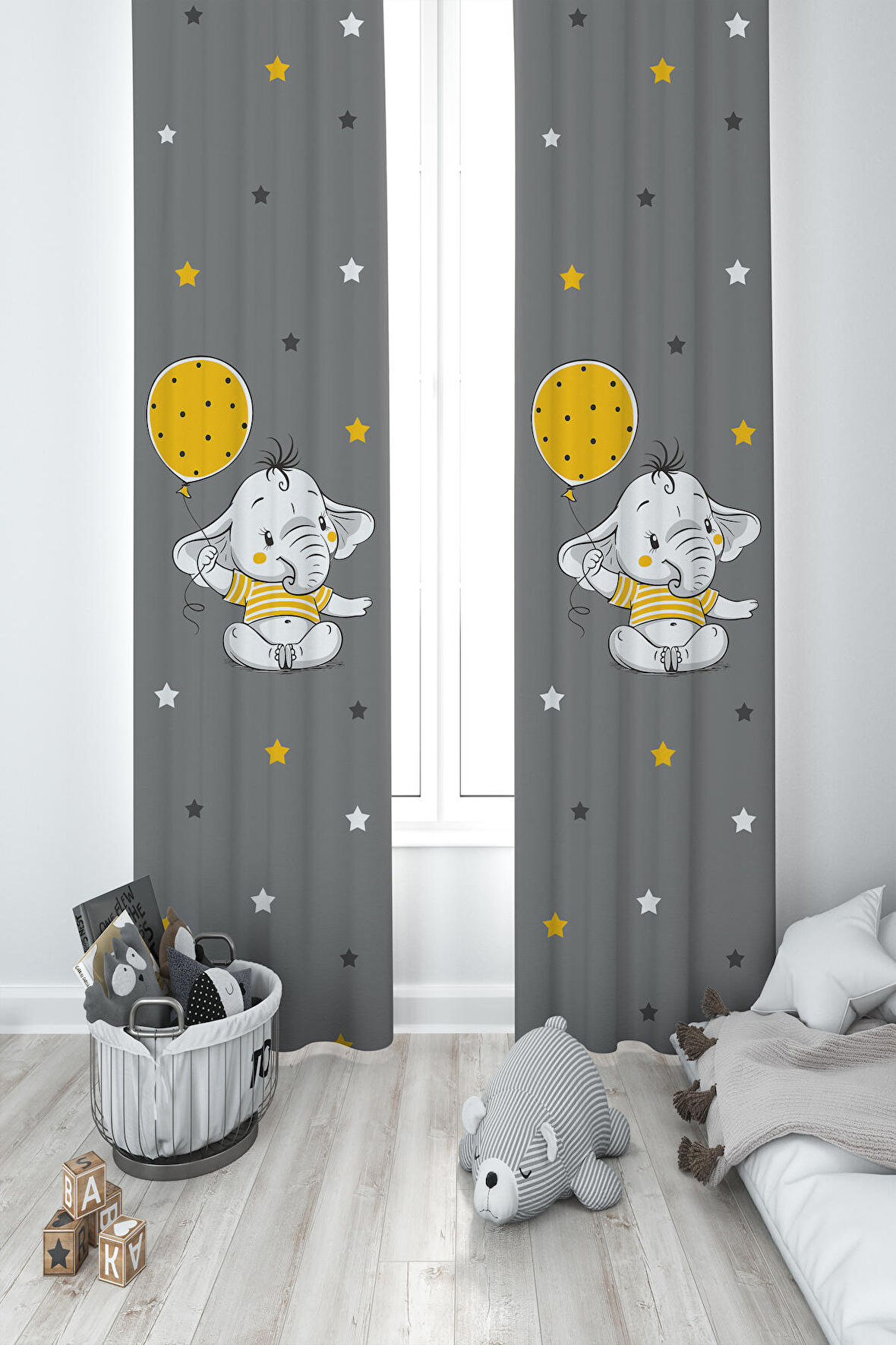 MEKTA HOME BEBEK VE ÇOCUK ODASI Sarı Filli Balon Desenli 2 Kanat Fon Perde