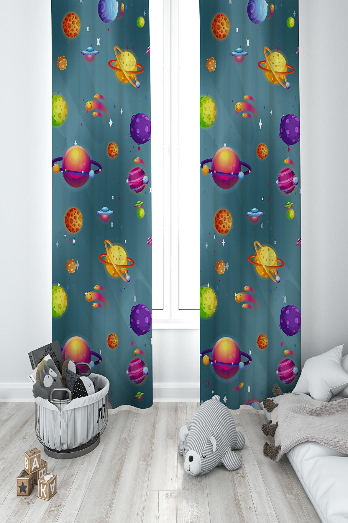 MEKTA HOME BEBEK VE ÇOCUK ODASI Uzay ve Gezegen Desenli 2 Kanat Fon Perde