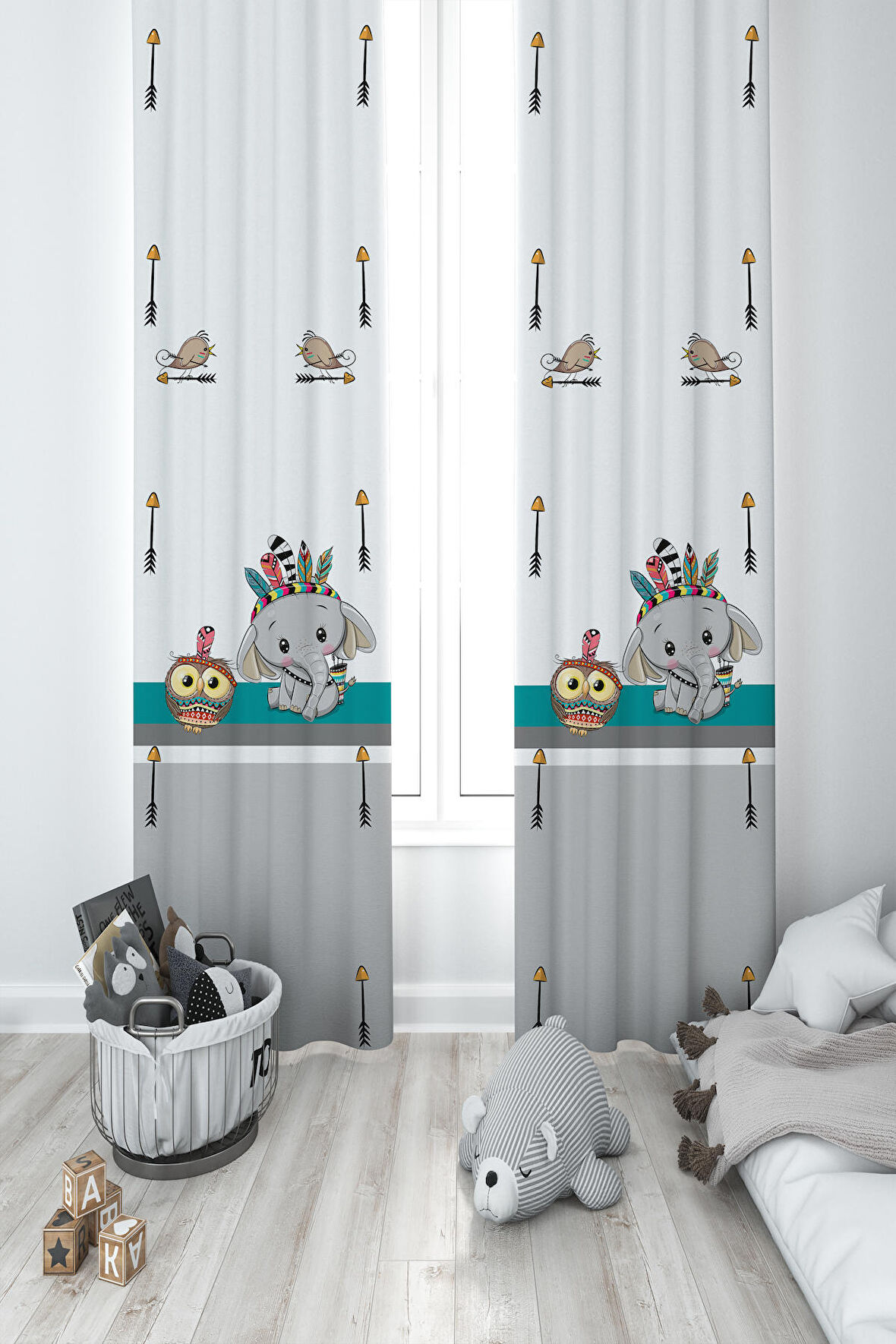 MEKTA HOME BEBEK VE ÇOCUK ODASI Kızılderili Filli ve Seksek Desenli 2 Kanat Fon Perde