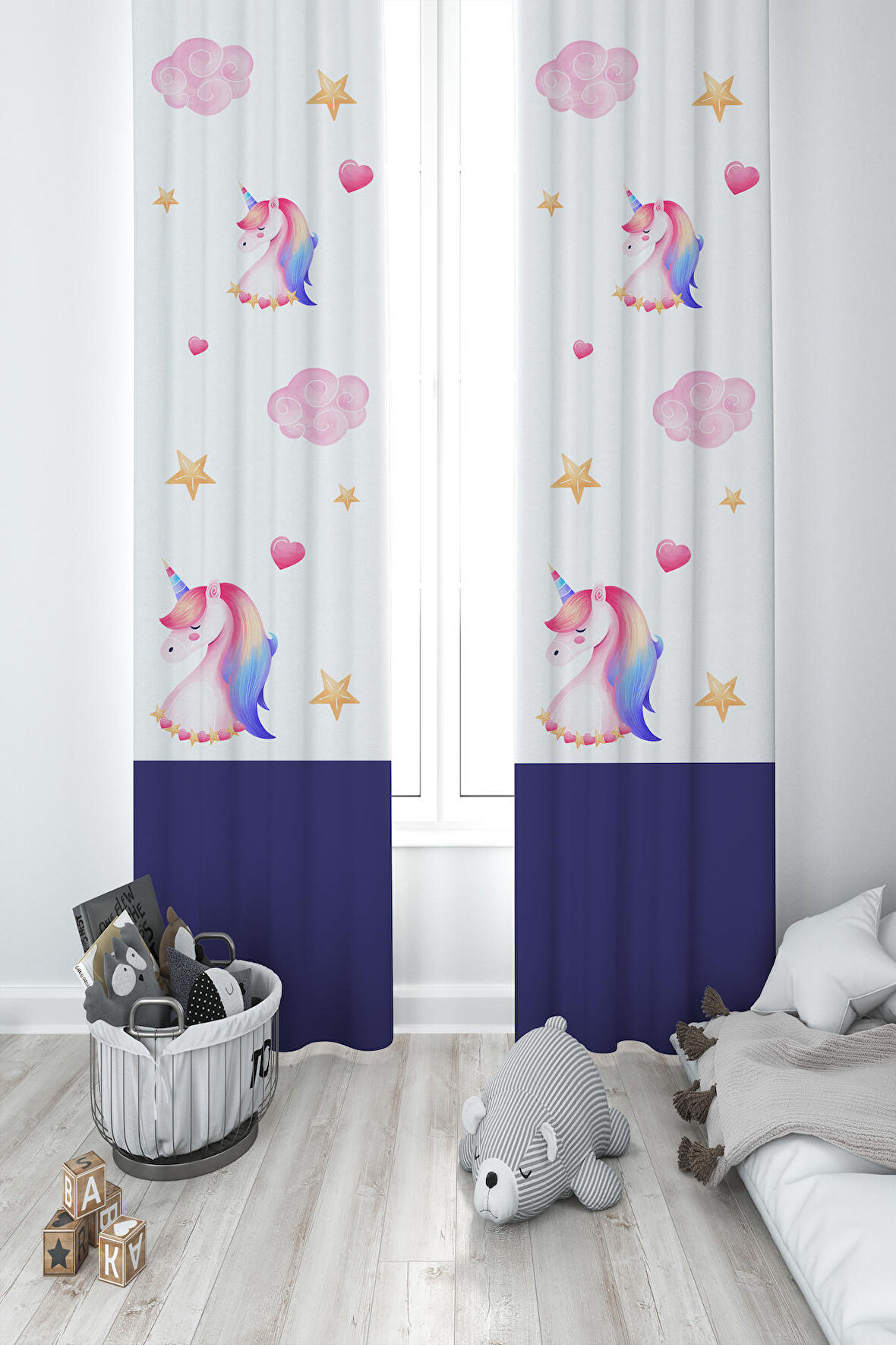 MEKTA HOME BEBEK VE ÇOCUK ODASI Unicorn ve Seksek Desenli Lacivert 2 Kanat Fon Perde