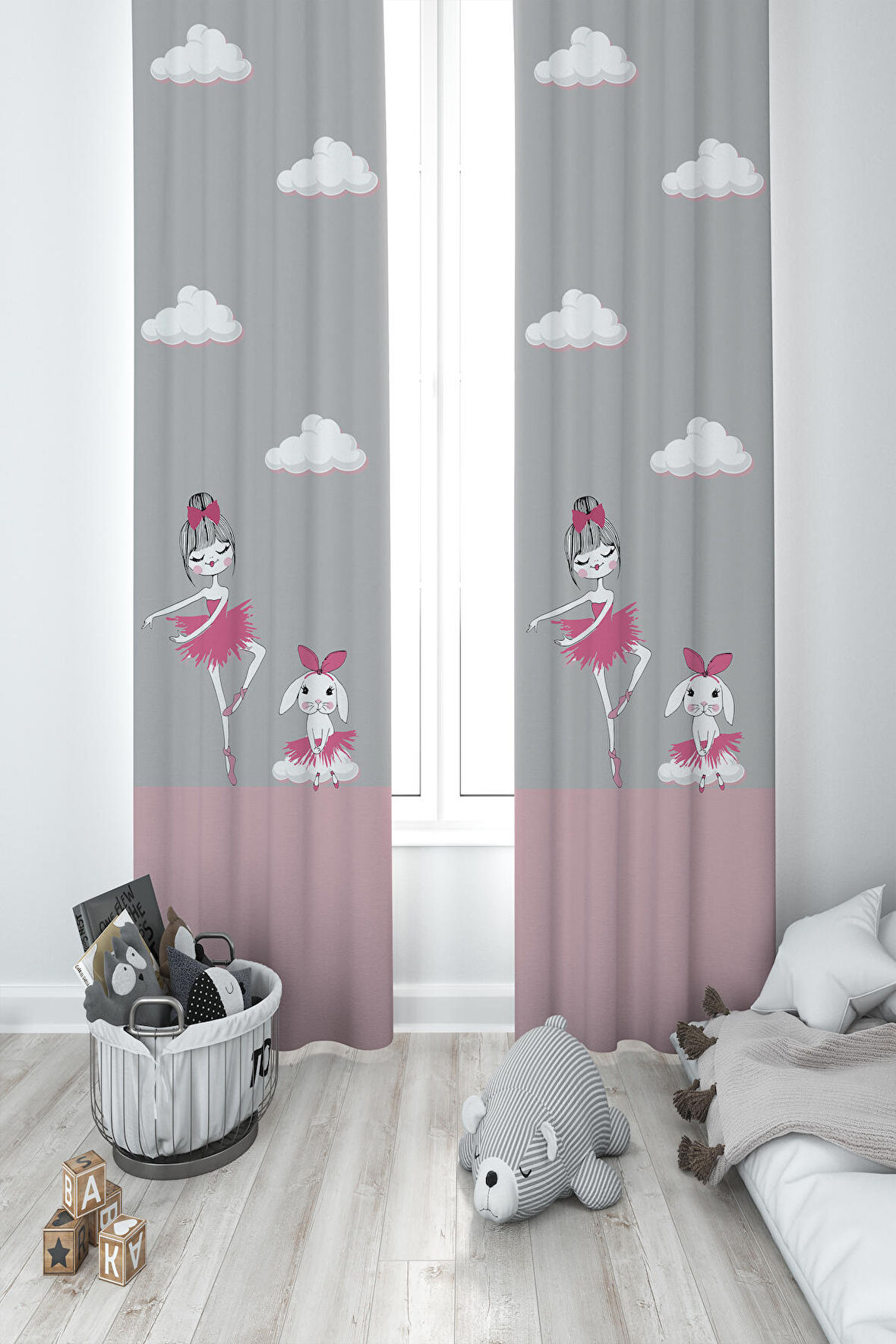 MEKTA HOME BEBEK VE ÇOCUK ODASI Prenses Kız ve Tavşan Desenli Seksekli 2 Kanat Fon Perde