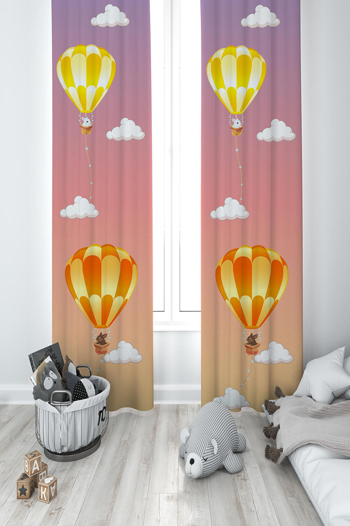 MEKTA HOME BEBEK VE ÇOCUK ODASI Balon ve Tavşan Desenli 2 Kanat Fon Perde