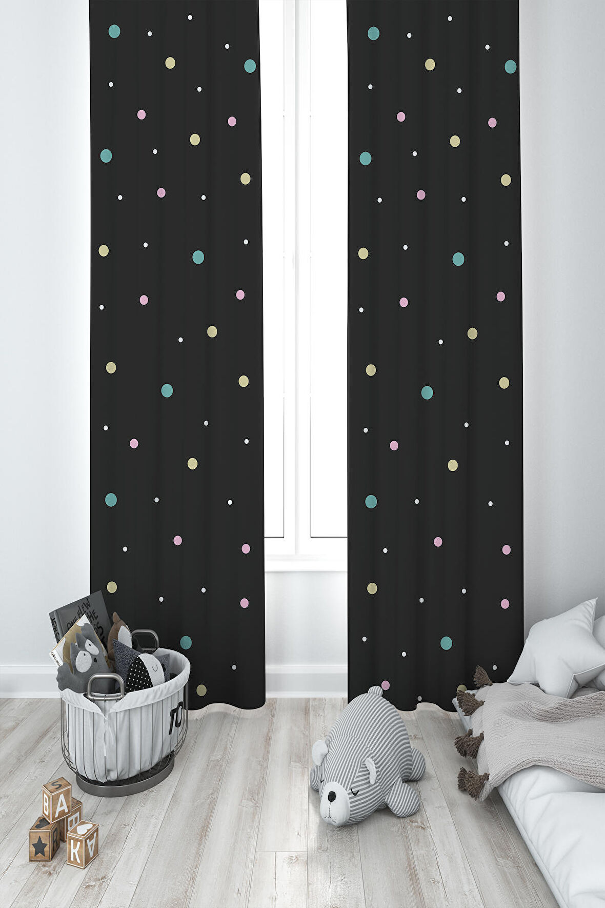 MEKTA HOME BEBEK VE ÇOCUK ODASI Tavşan ve Seksek Desenli 2 Kanat Fon Perde