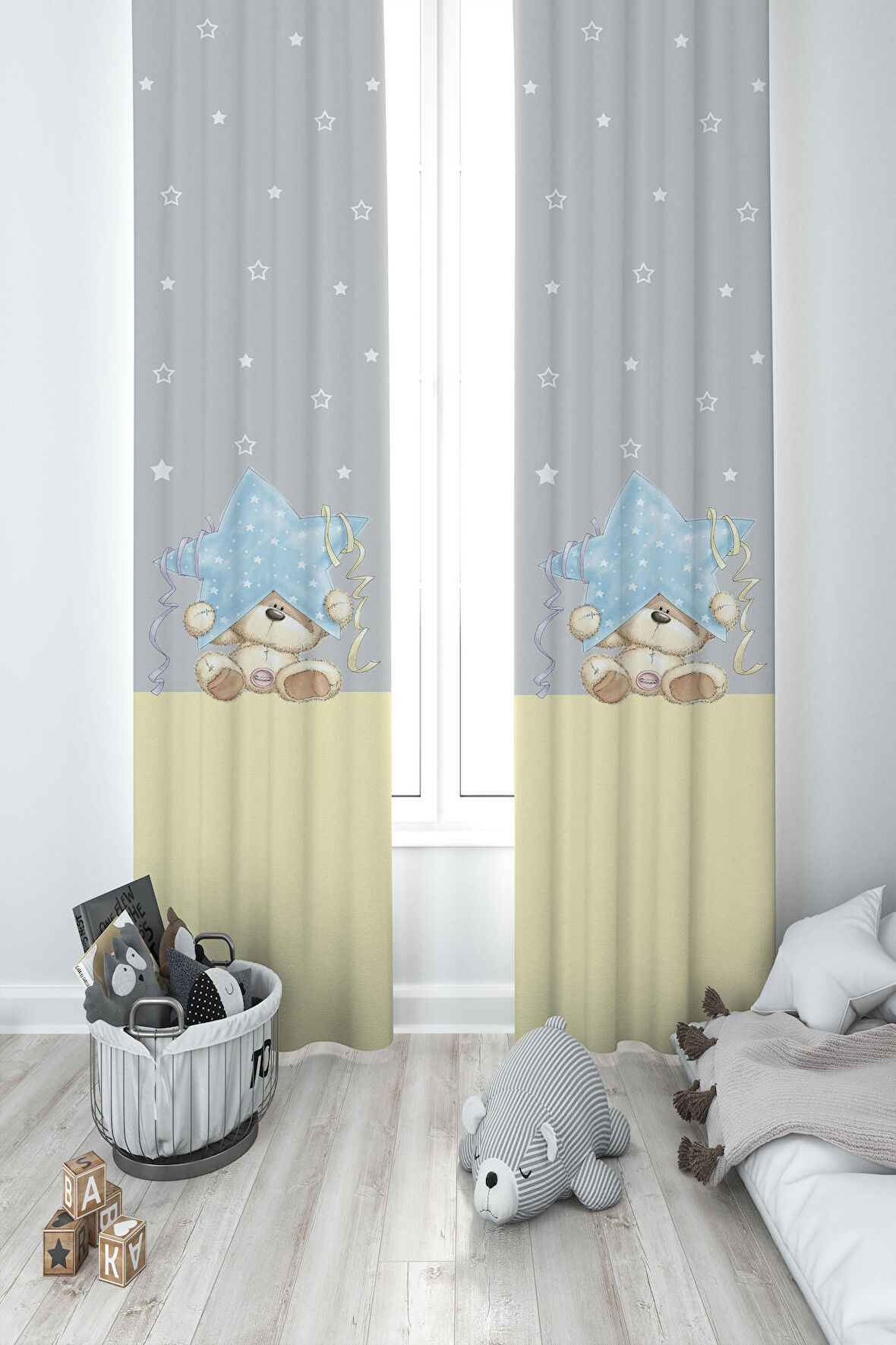 MEKTA HOME BEBEK VE ÇOCUK ODASI Yıldız ve Ayıcık Desenli Sarı Çizgili 2 Kanat Fon Perde