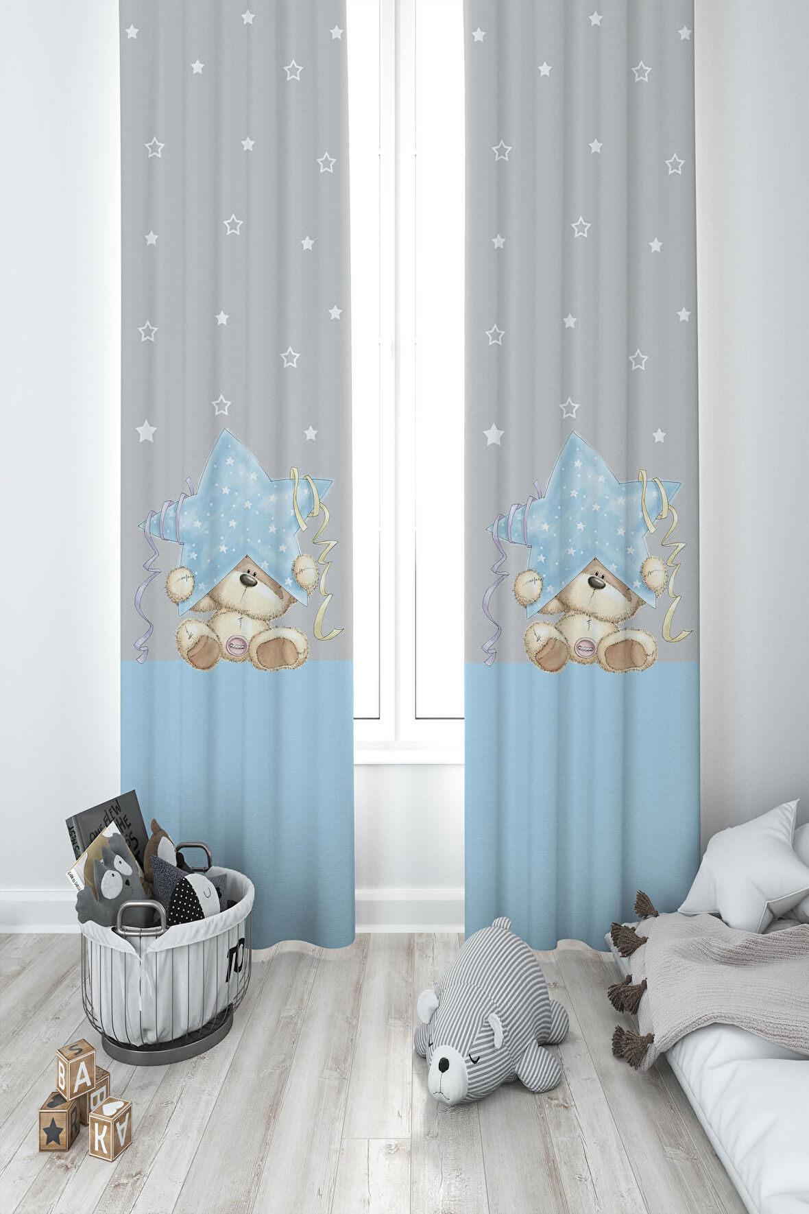 MEKTA HOME BEBEK VE ÇOCUK ODASI Yıldız ve Ayıcık Desenli Mavi Çizgili 2 Kanat Fon Perde